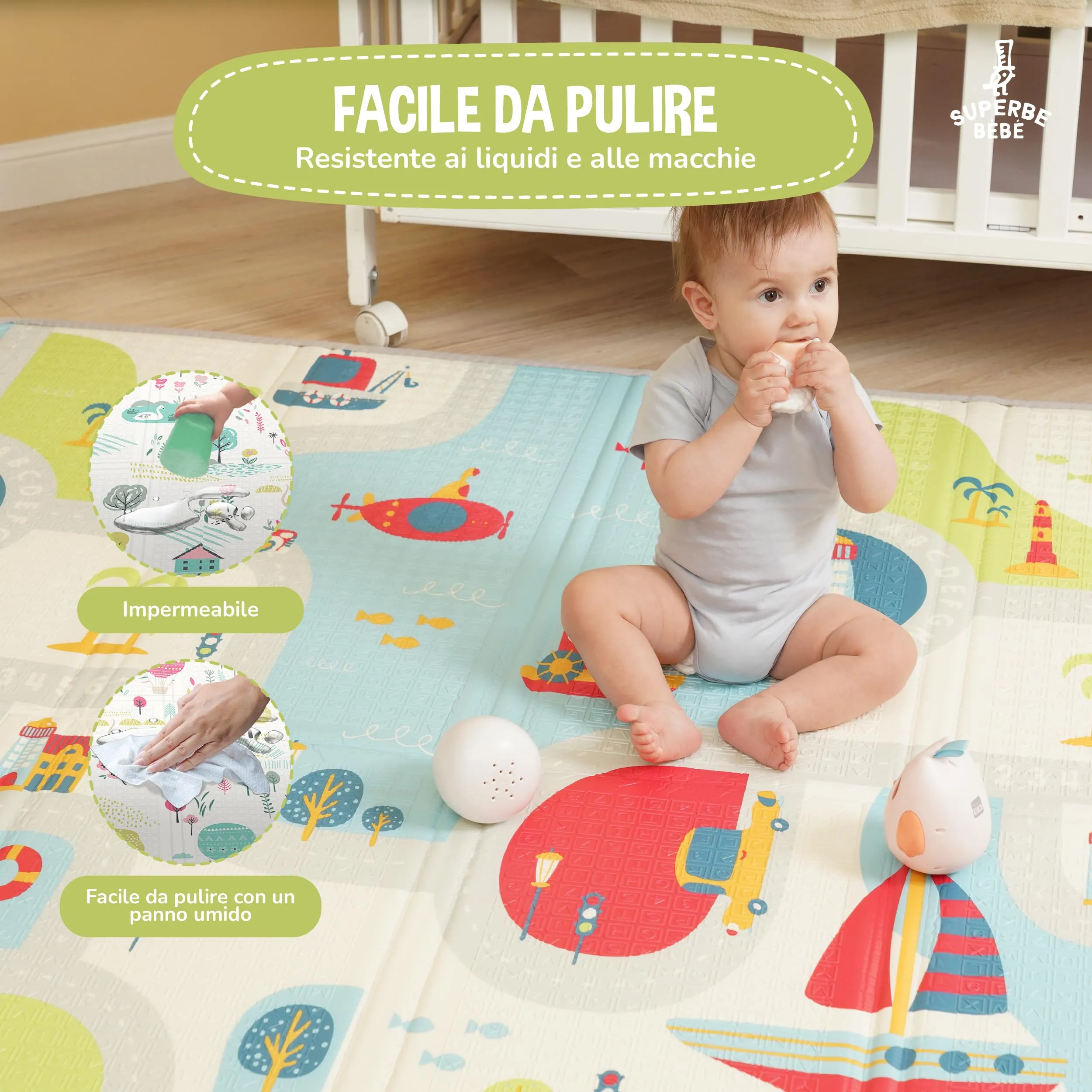SUPERBE BEBE Tappeto Gioco Bambini Pieghevole 180x200x1.5cm Montessori Reversibile in Schiuma NATURA - immagine 8