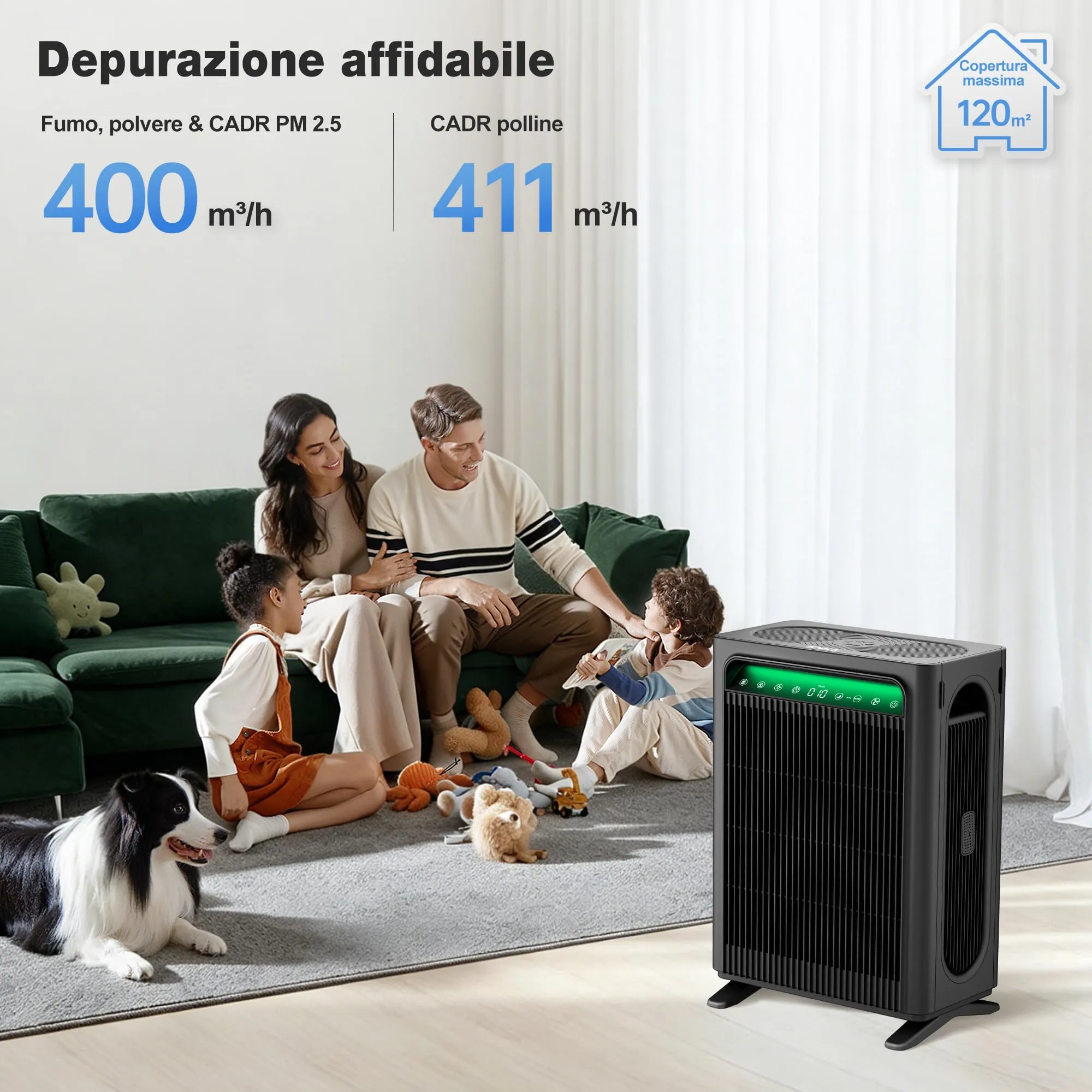 KNKA Purificatore d'Aria con Filtro HEPA e Sensore Intelligente fino a 120m², Nero - immagine 2