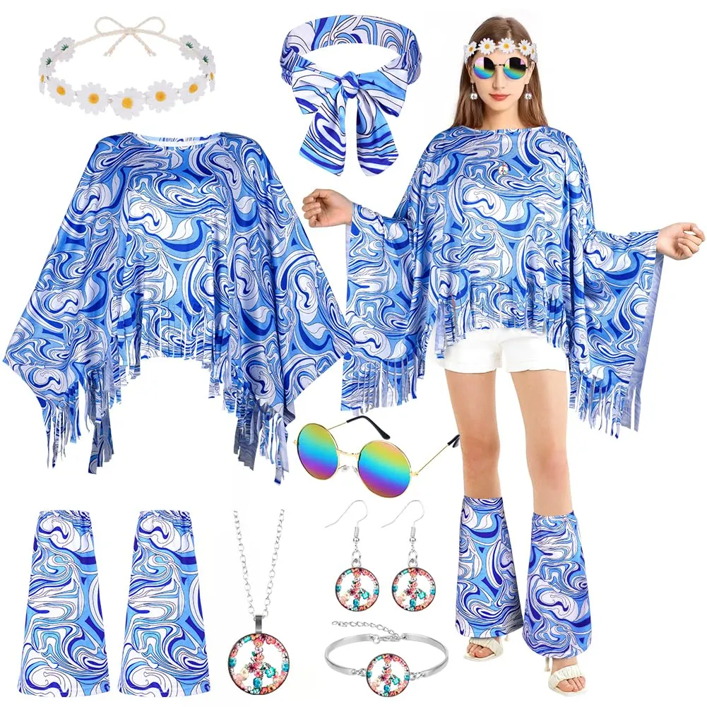 AOOWU Costume Hippie Donna, Set 10 Pezzi Accessori Stile Vintage Anni 70 - immagine 1