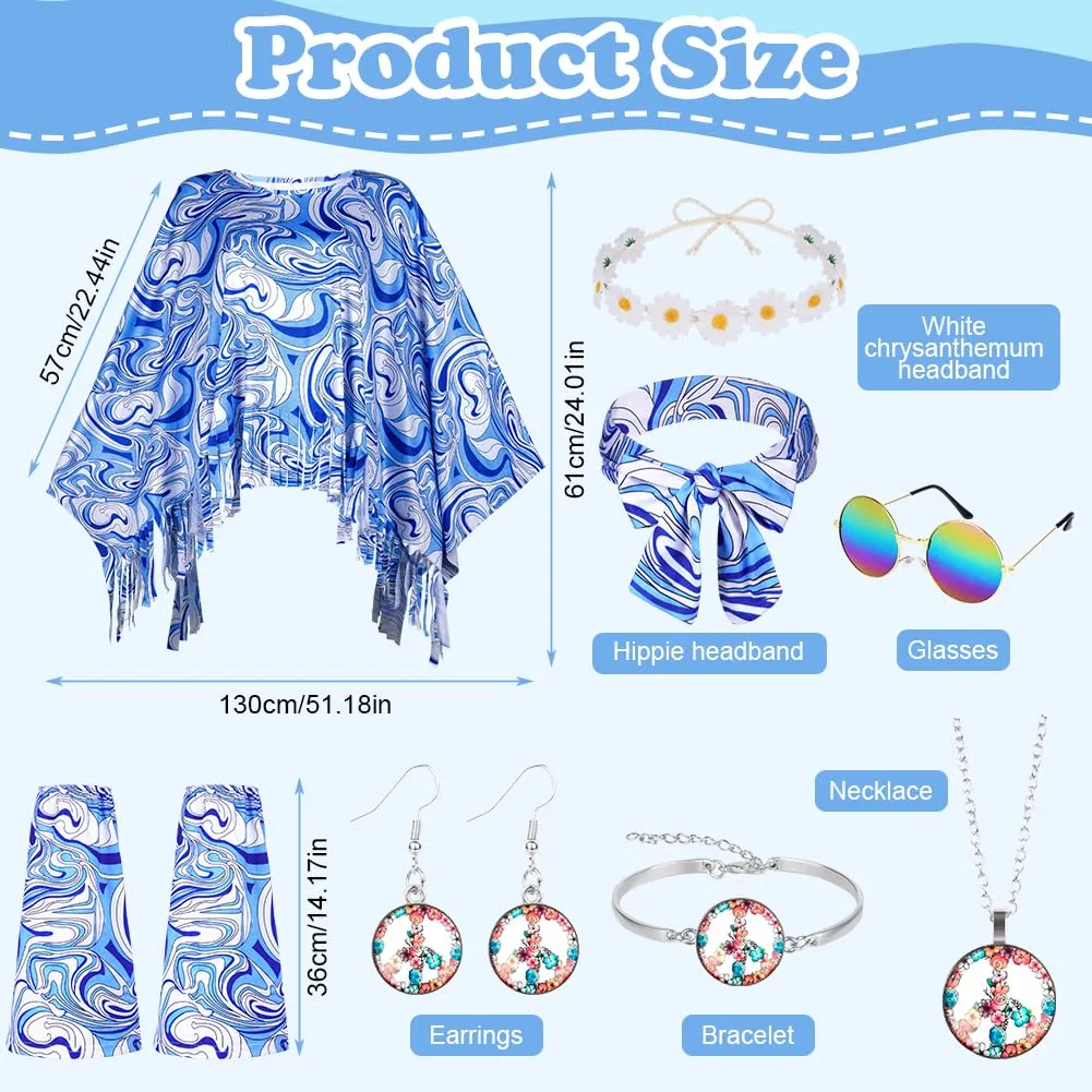 AOOWU Costume Hippie Donna, Set 10 Pezzi Accessori Stile Vintage Anni 70 - immagine 2