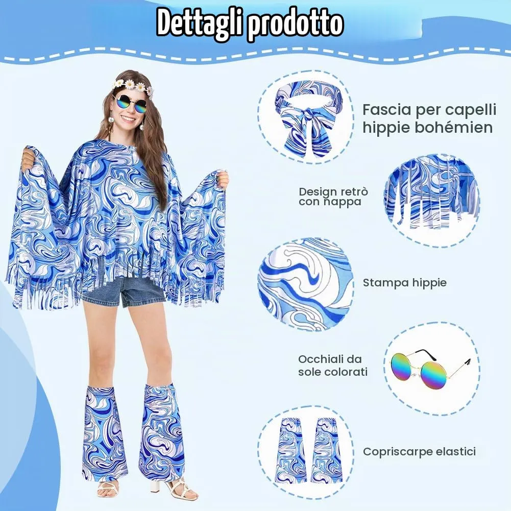 AOOWU Costume Hippie Donna, Set 10 Pezzi Accessori Stile Vintage Anni 70 - immagine 3