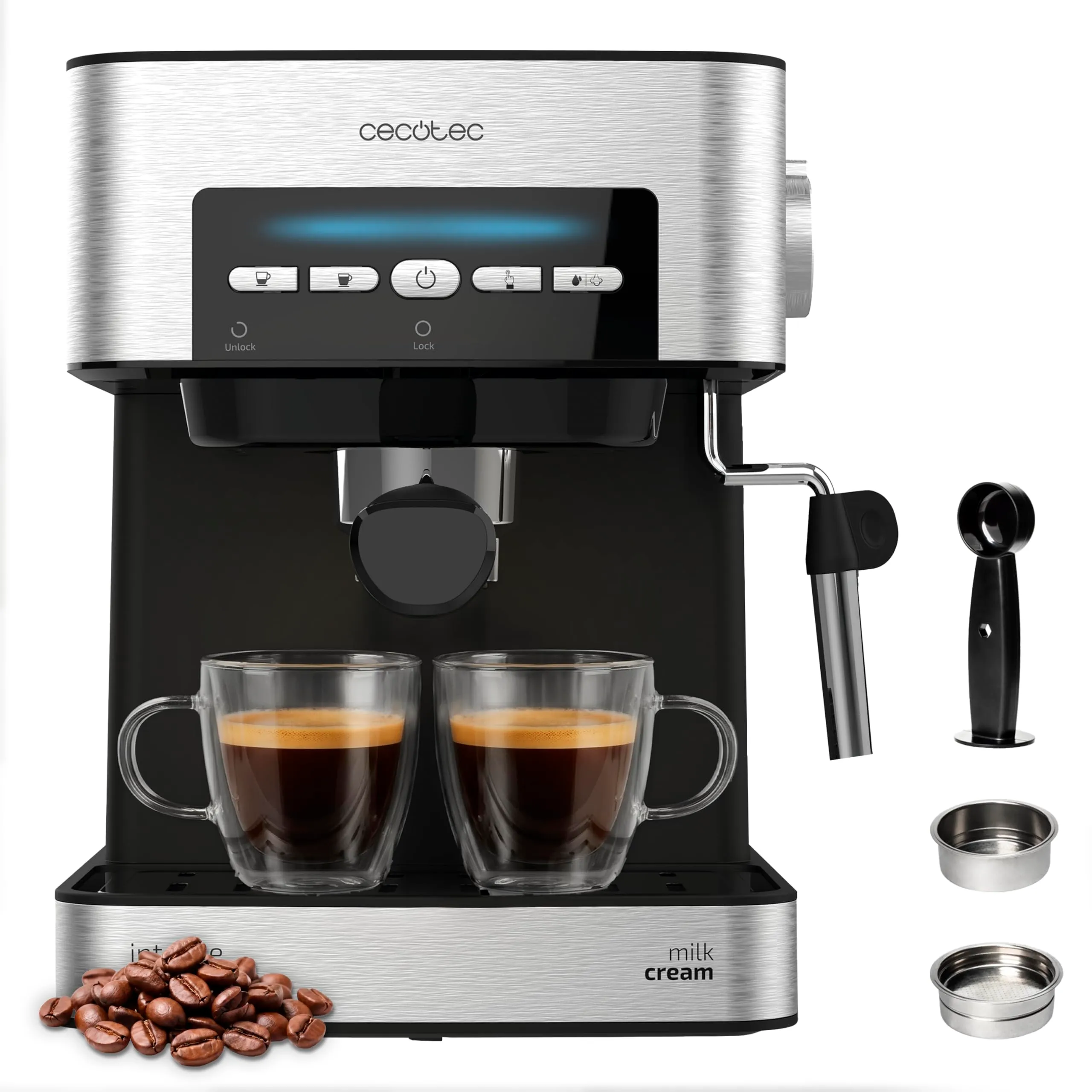 Cecotec Power Espresso 20 Matic Elite Macchina da Caffè Espresso, 850 W, 20 bar, Serbatoio 1,5 L, Montalatte Orientabile, Controllo Digitale, Acciaio - immagine 1