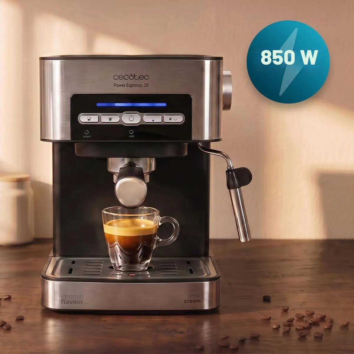 Cecotec Power Espresso 20 Matic Elite Macchina da Caffè Espresso, 850 W, 20 bar, Serbatoio 1,5 L, Montalatte Orientabile, Controllo Digitale, Acciaio - immagine 3