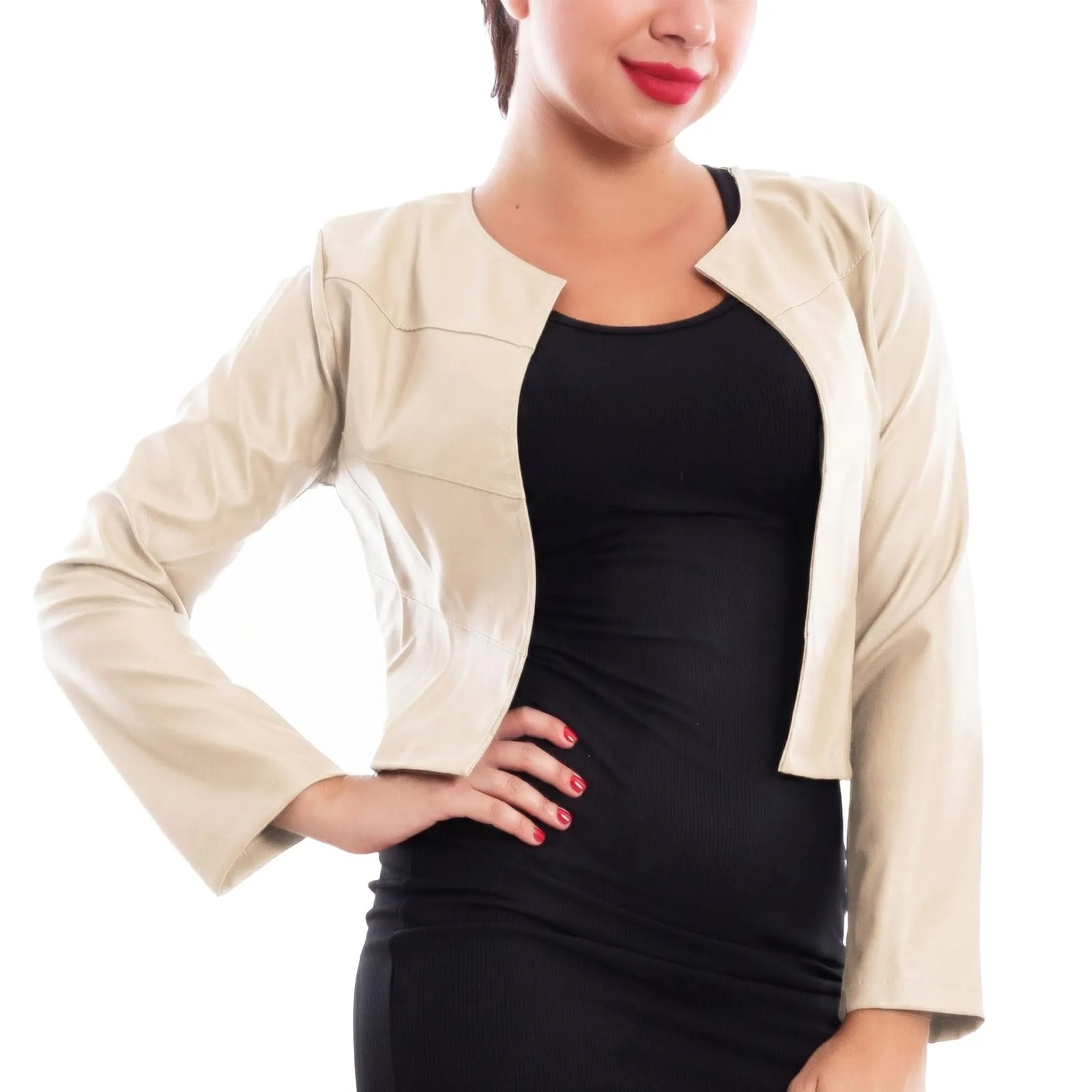 Toocool Giacca Donna Corta Ecopelle Bolero VI-2601 Beige Chiaro, Taglia Unica - immagine 3