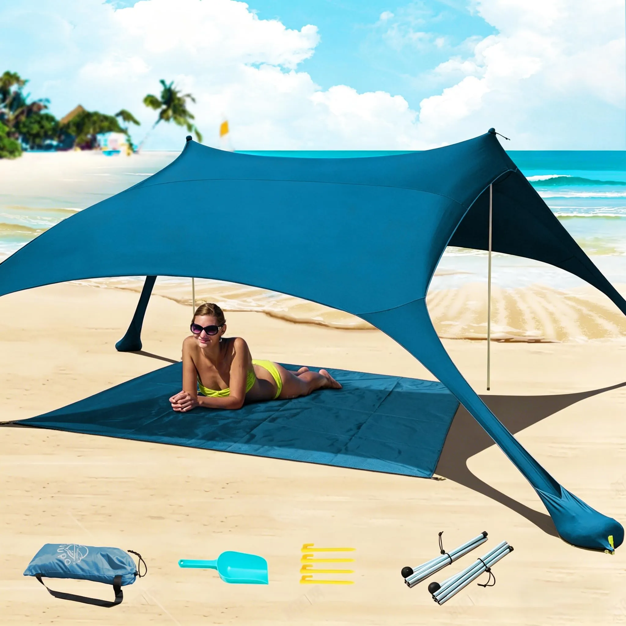 CUUPO Tenda da spiaggia pop-up, 2 x 2,1 m, SPF 50, Lycra, blu petrolio - immagine 1