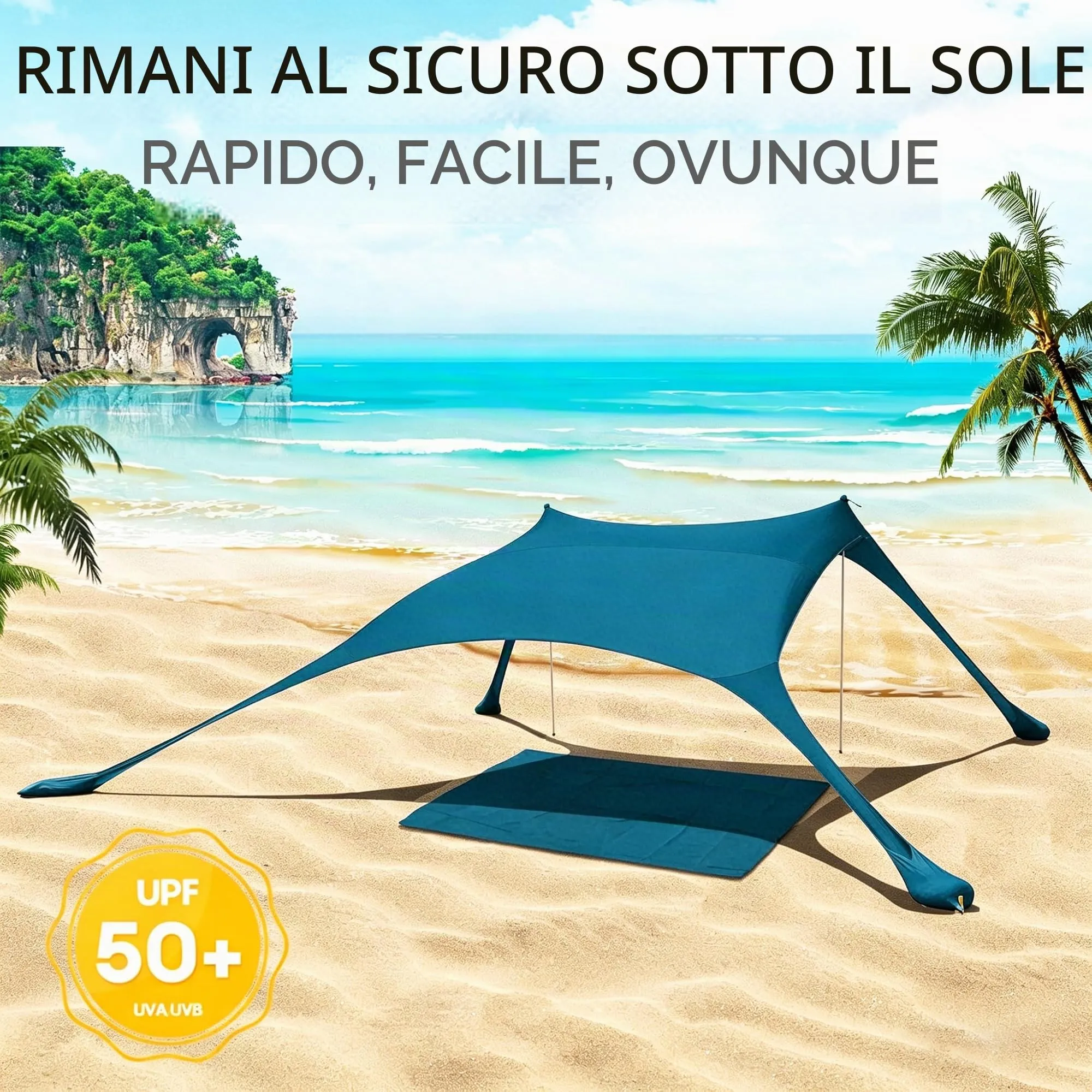CUUPO Tenda da spiaggia pop-up, 2 x 2,1 m, SPF 50, Lycra, blu petrolio - immagine 4