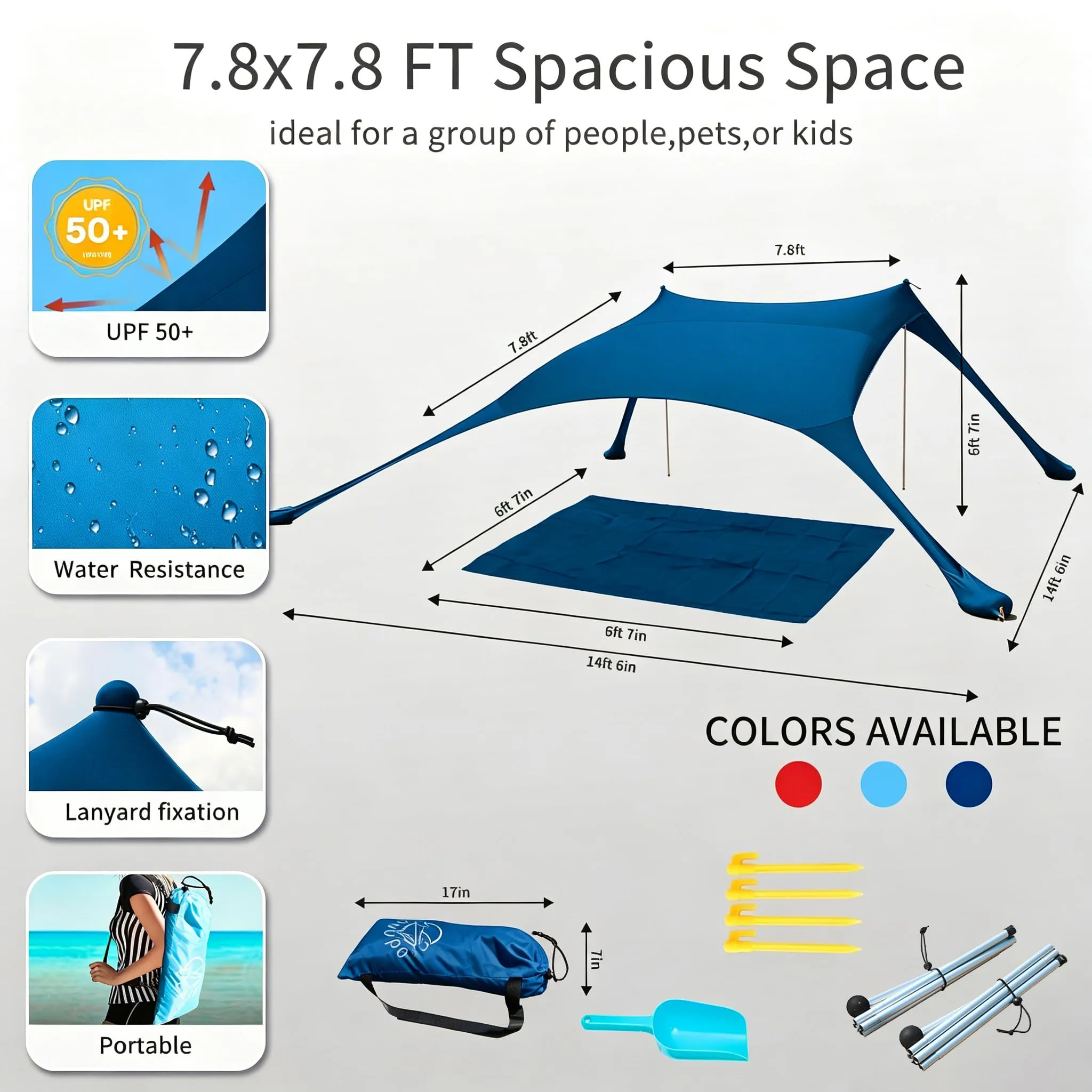 CUUPO Tenda da spiaggia pop-up, 2 x 2,1 m, SPF 50, Lycra, blu petrolio - immagine 6