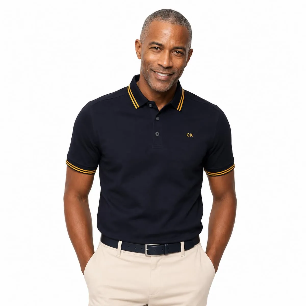 Calvin Klein Polo da Uomo con Profili a Contrasto - Blu Navy/Oro - S - immagine 2