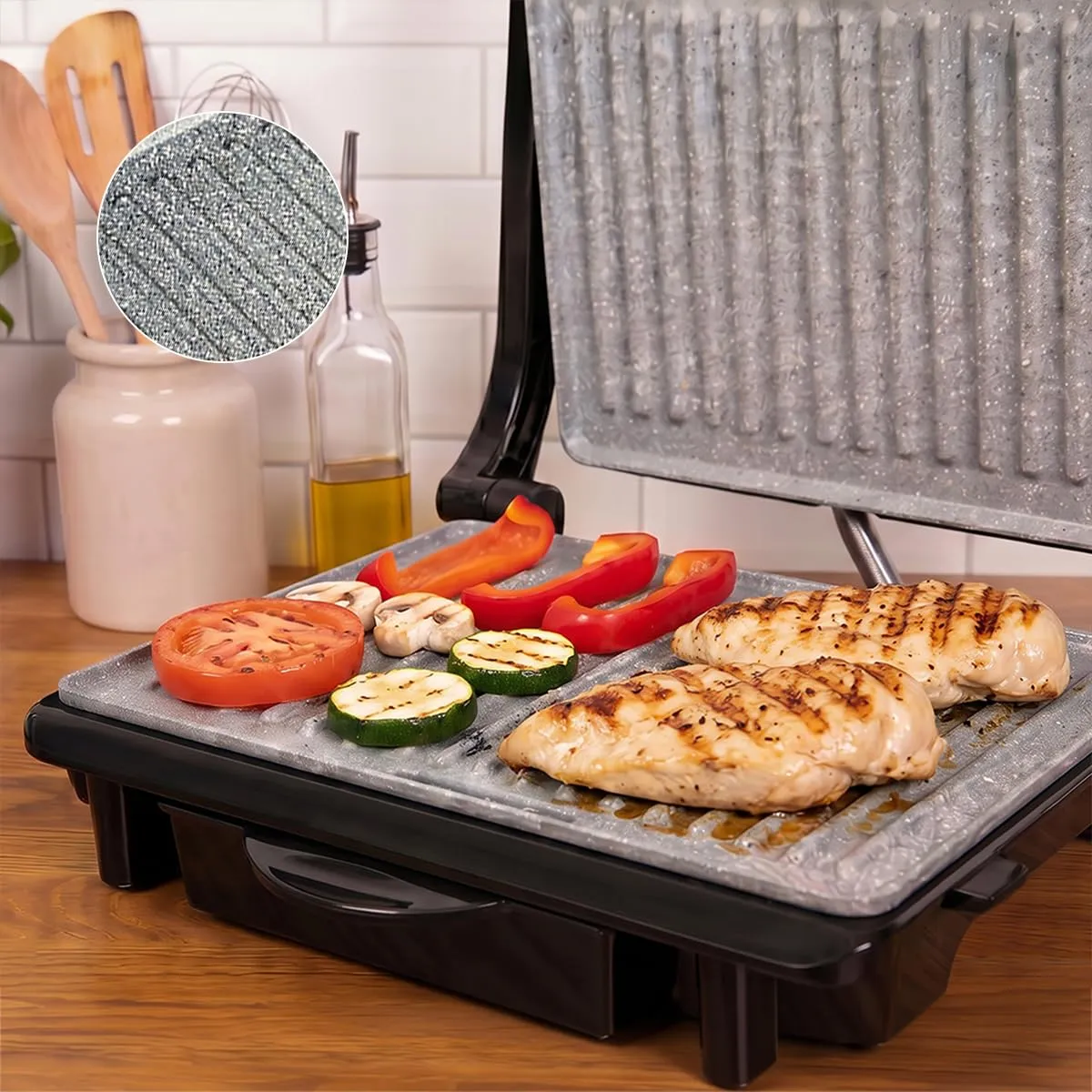 Cecotec Rock'Ngrill 1500 Rapid Sear Bistecchiera Elettrica, 1500W, Rivestimento RockStone, Piastra e Tostiera con Vaschetta Raccogligrasso - immagine 4