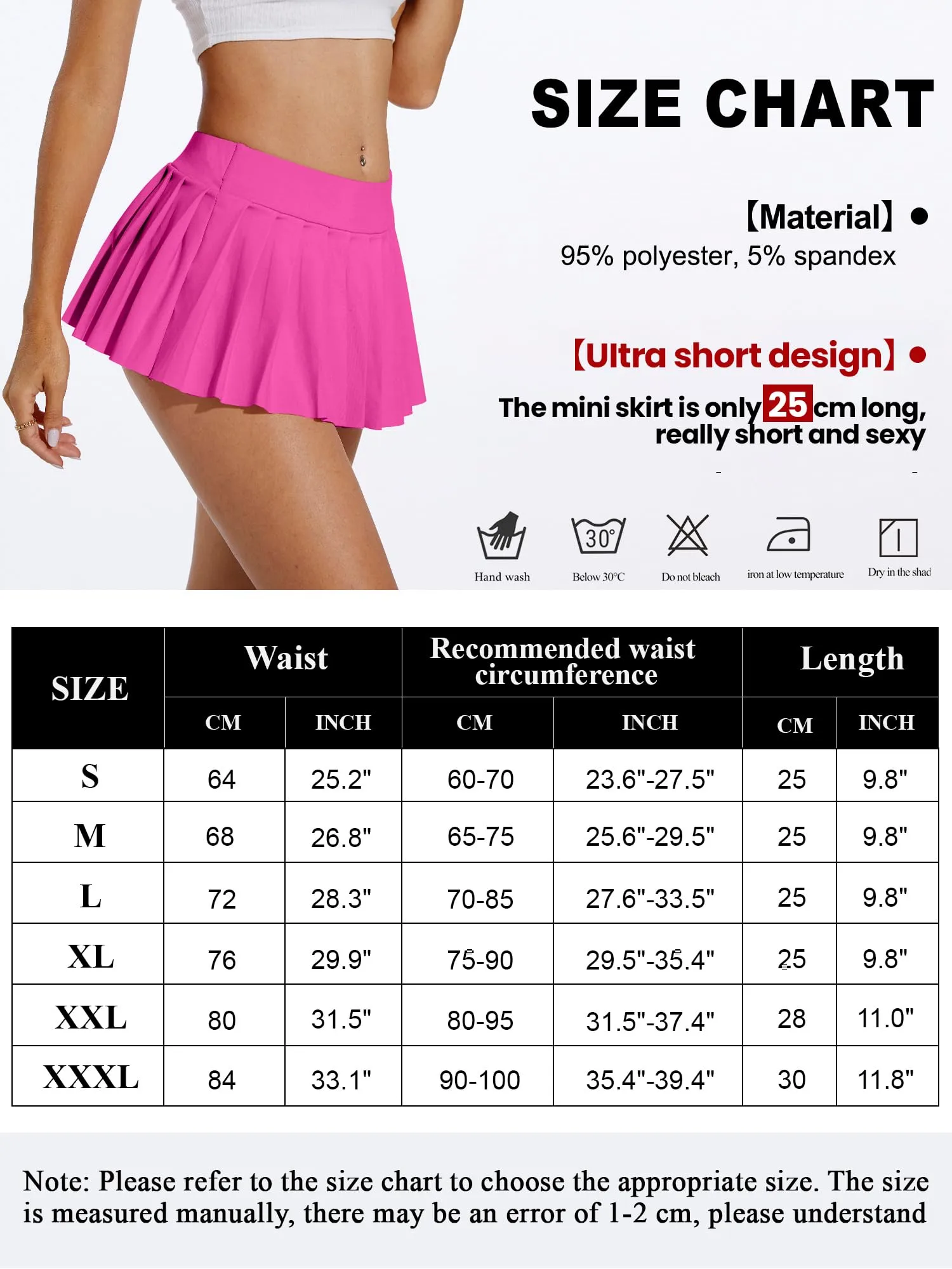 Eisnnu Minigonna a Pieghe da Donna Elasticizzata, Tinta Unita, Rosso Rosa, XL - immagine 5