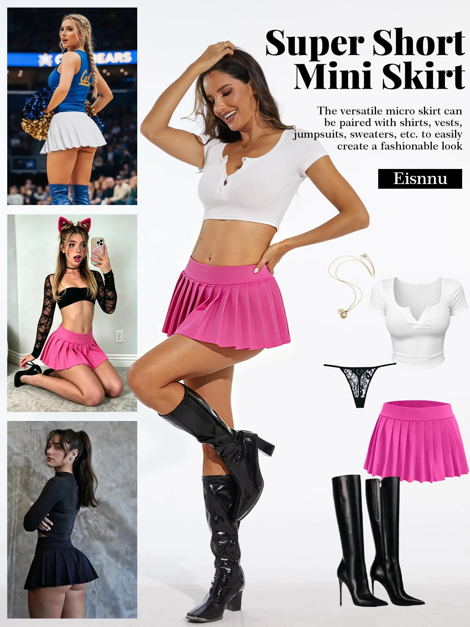 Eisnnu Minigonna a Pieghe da Donna, Elasticizzata, Tinta Unita, Rosso Rosa, M - immagine 4