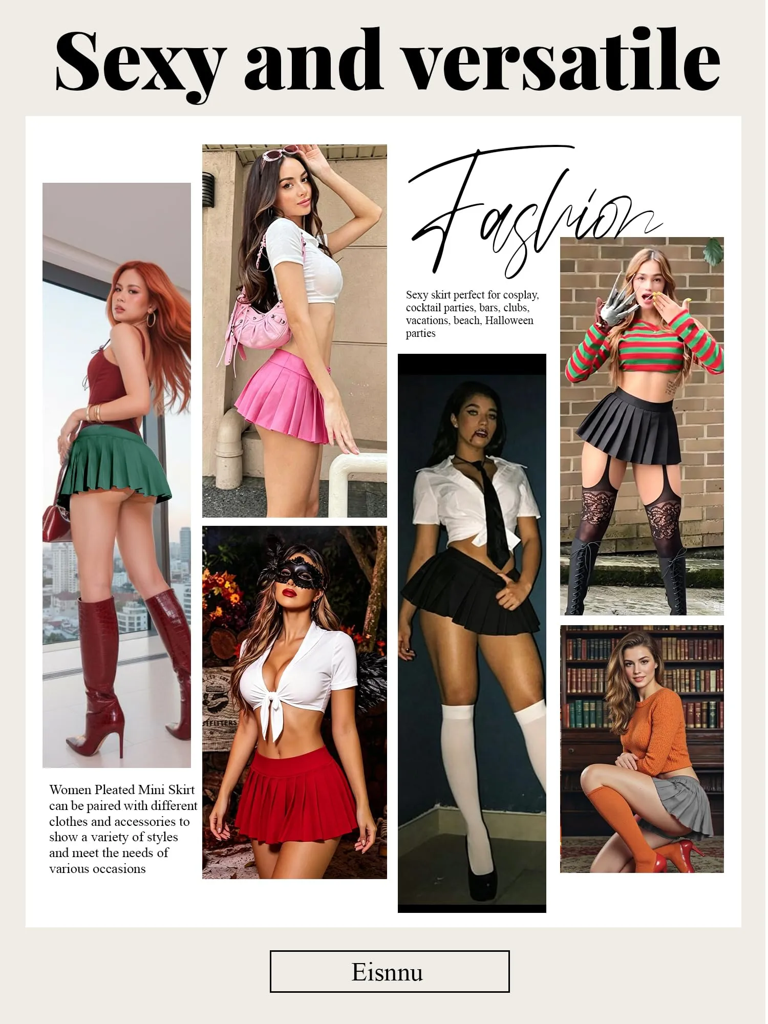Eisnnu Minigonna a Pieghe da Donna, Elasticizzata, Tinta Unita, Rosso Rosa, M - immagine 6