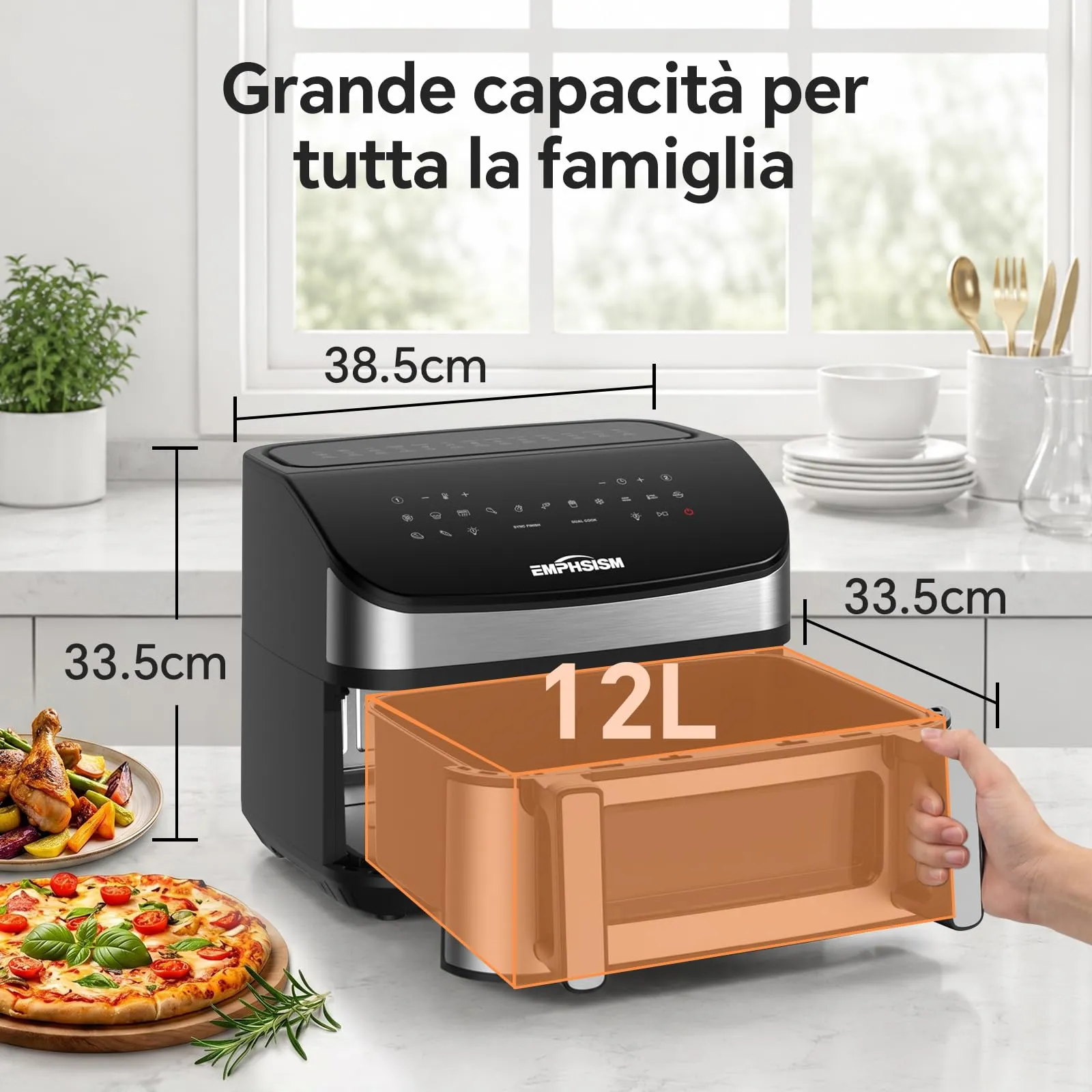 Emphsism Friggitrice ad Aria 12 Litri XXL, 2600W, Doppio Cestello, 13-in-1 con Schermo Touch e Finestra con Luce Interna - immagine 2