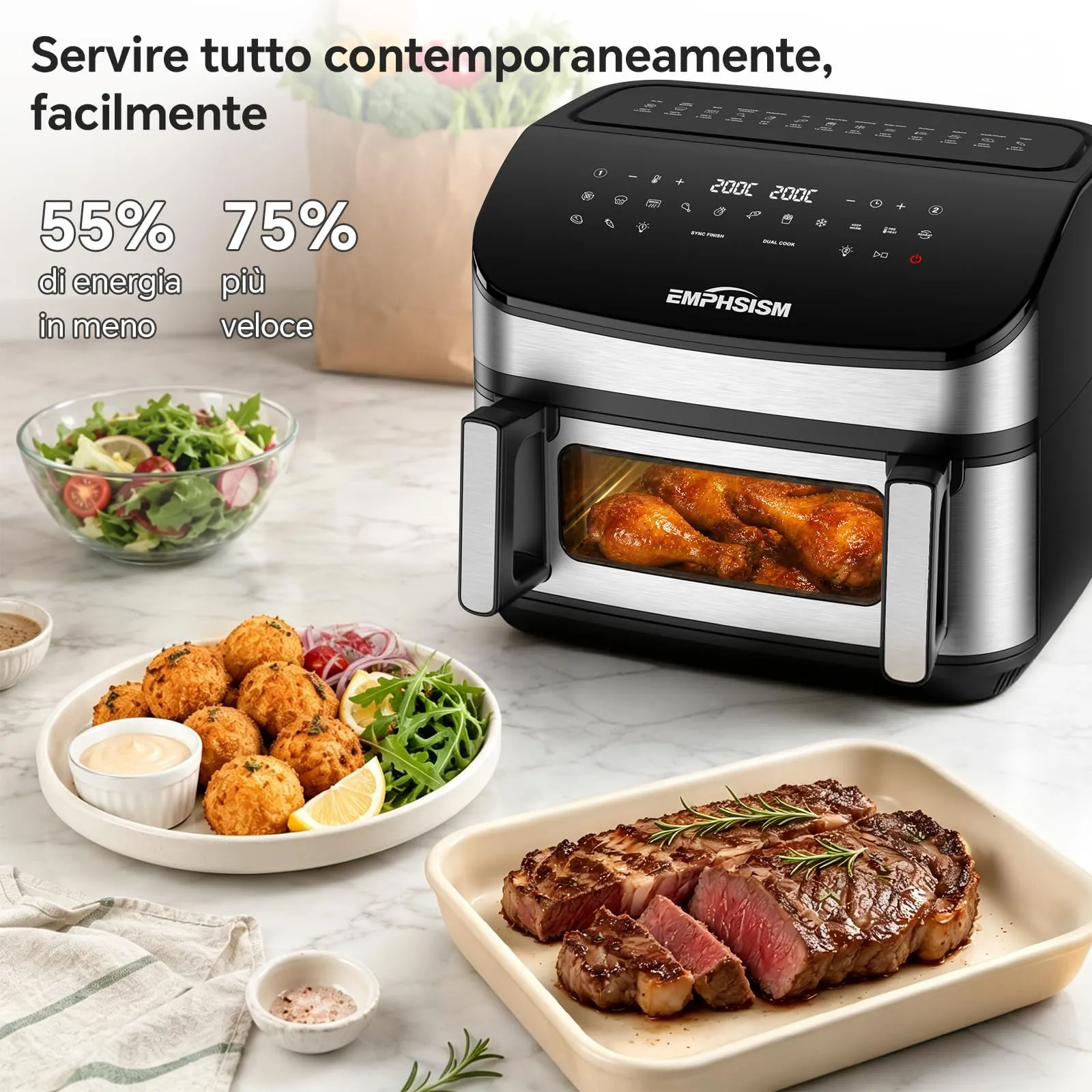 Emphsism Friggitrice ad Aria 12 Litri XXL, 2600W, Doppio Cestello, 13-in-1 con Schermo Touch e Finestra con Luce Interna - immagine 8