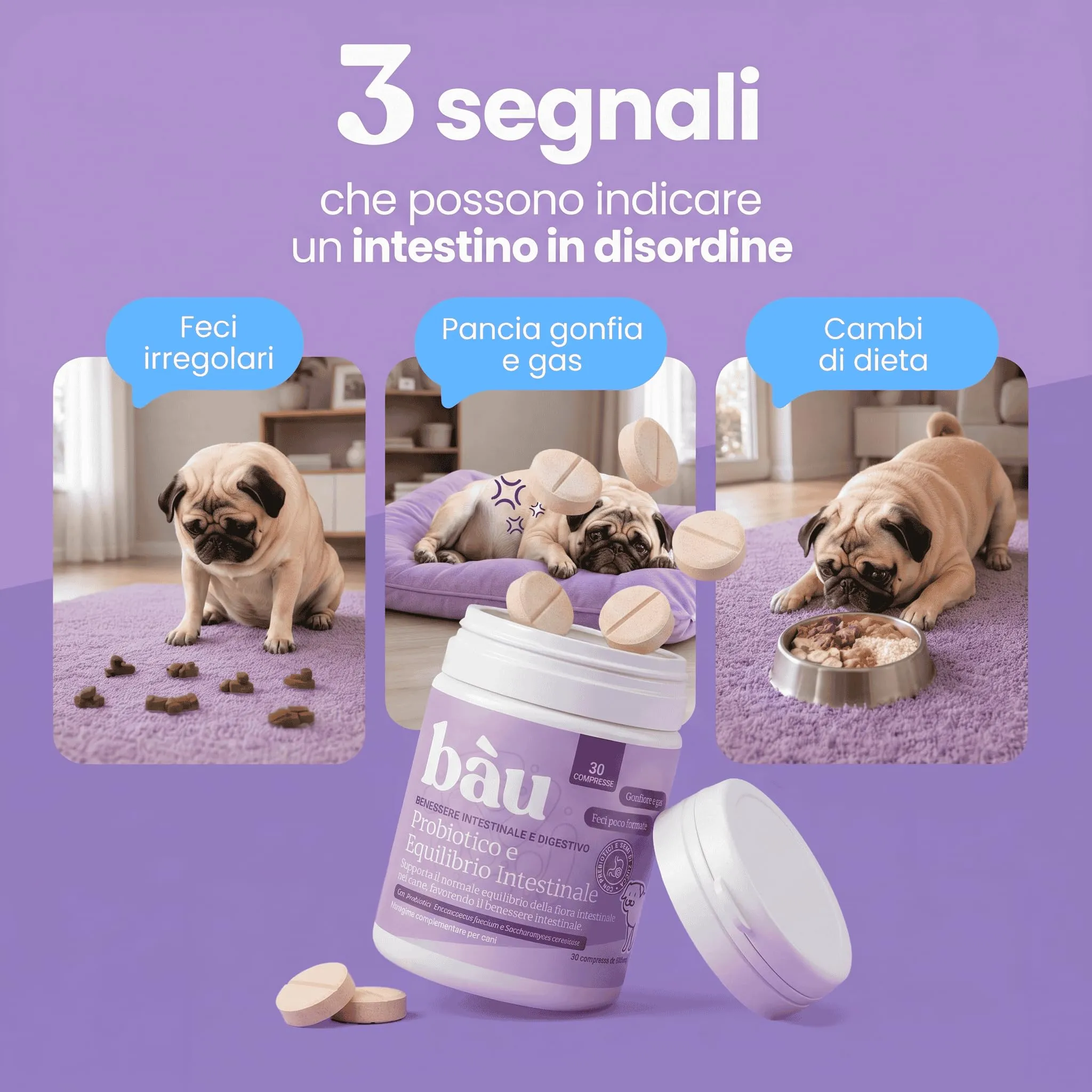 Bau Probiotici e Fermenti Lattici per Cani, Supporto Gastrointestinale e Digestivo, 120 capsule - immagine 2