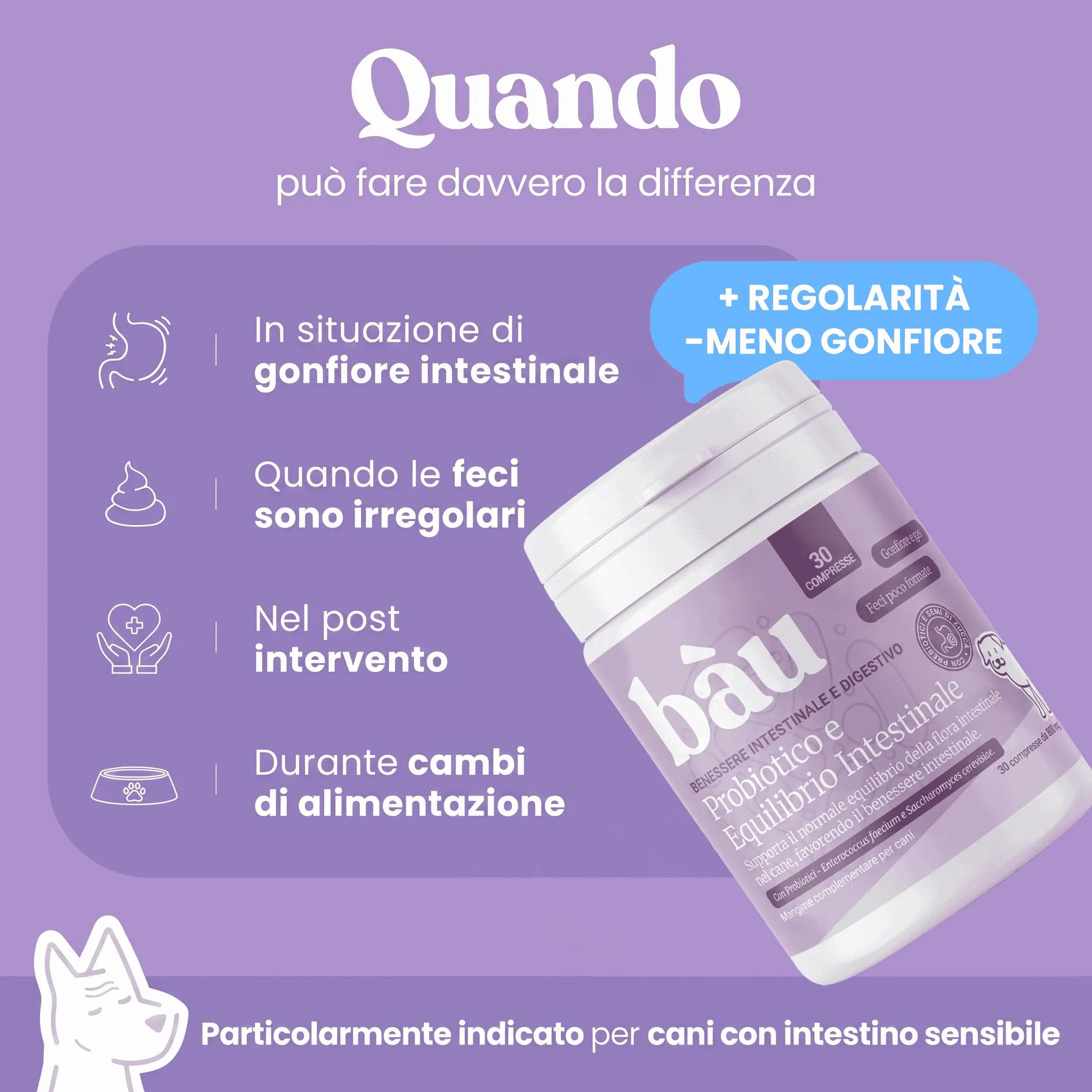 Bau Probiotici e Fermenti Lattici per Cani, Supporto Gastrointestinale e Digestivo, 30 capsule - immagine 3