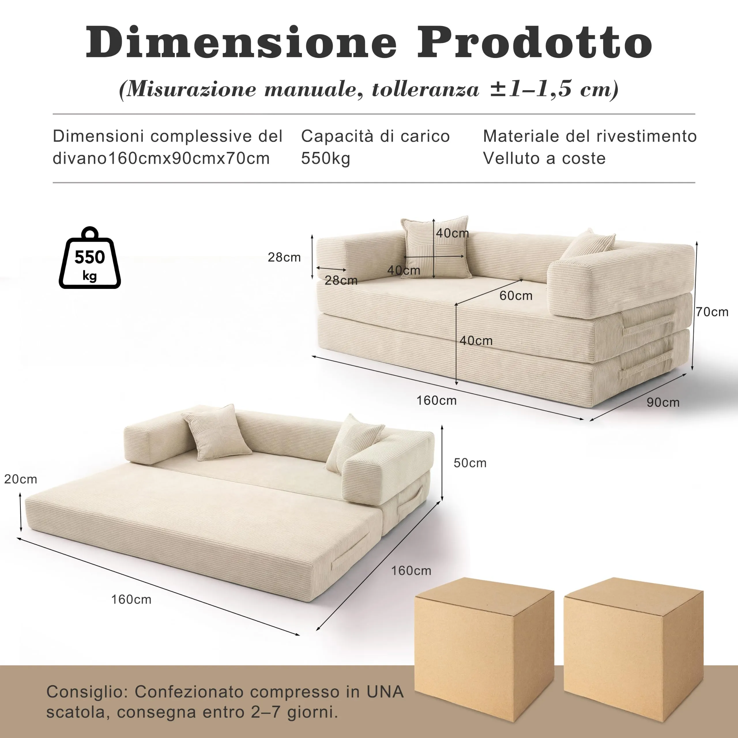Vipbear Divano Letto 5-in-1 in Velluto a Coste, 160×90×70 cm, Bianco - immagine 2