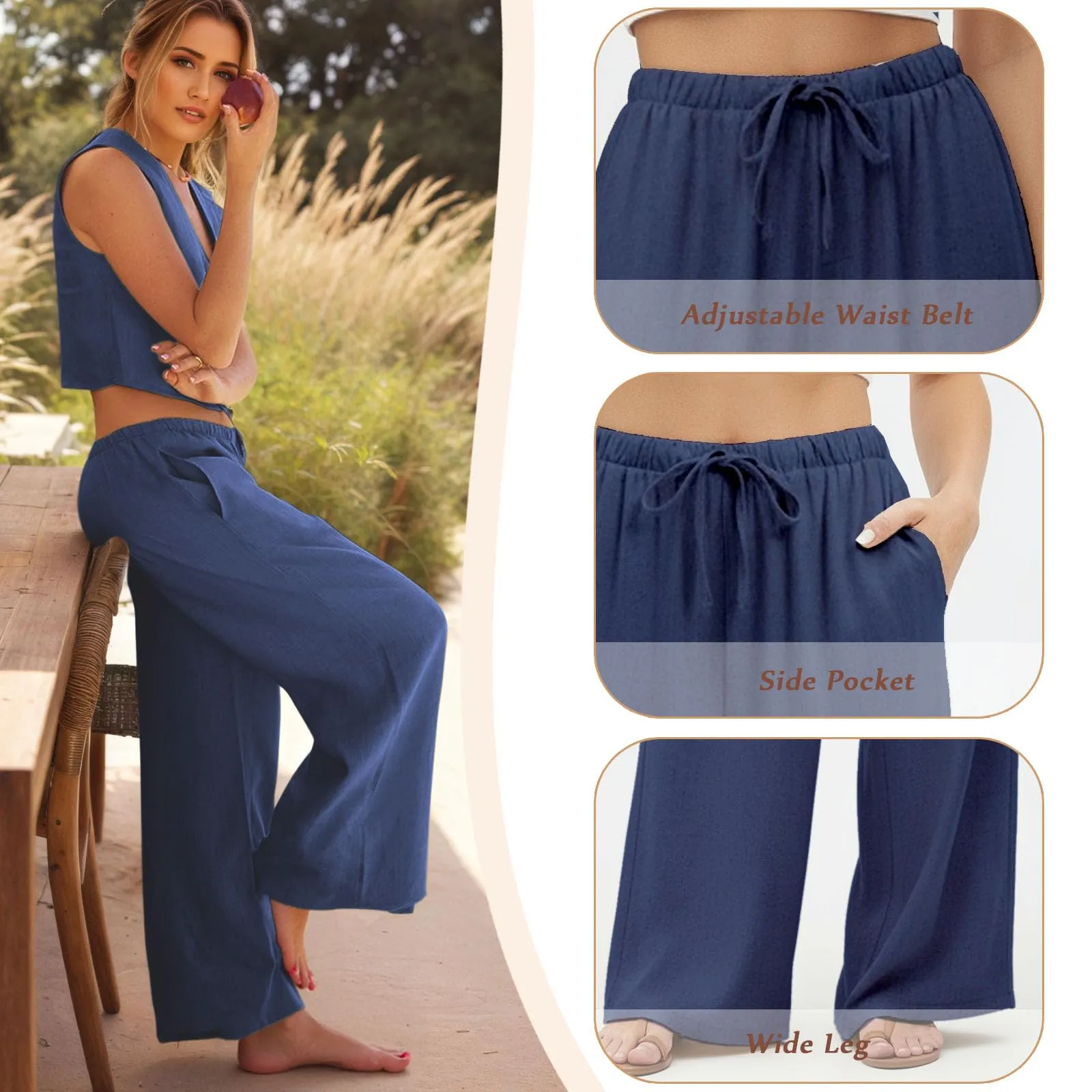 Neteson Pantaloni in Lino Donna Larghi con Vita Elastica - immagine 4