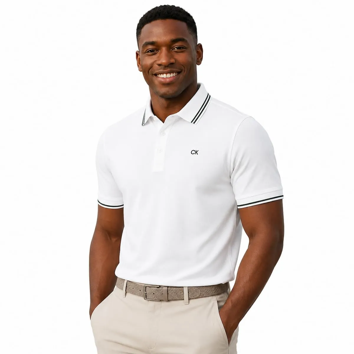 Calvin Klein Polo con Profili - Bianco/Verde Cacciatore - S - immagine 2