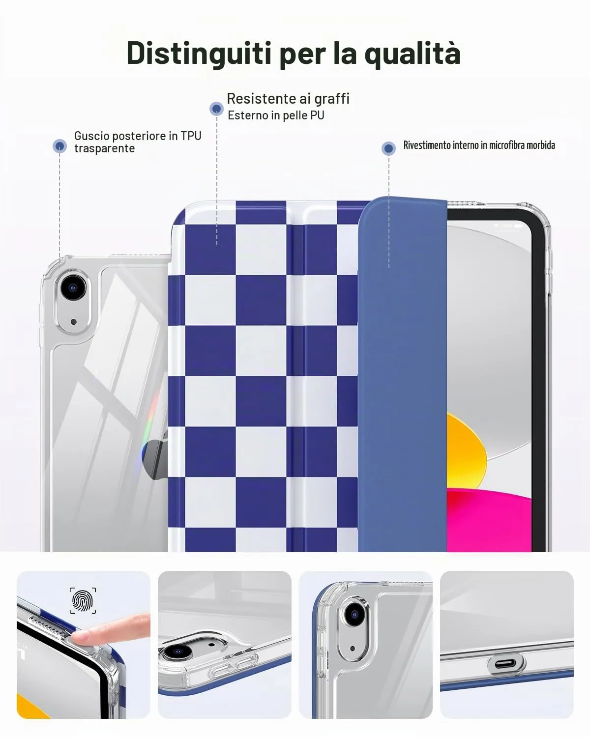 MoKo Cover for iPad 11th Gen 11" and 10th Gen 10.9", Blu Marina Scacchiera - immagine 6