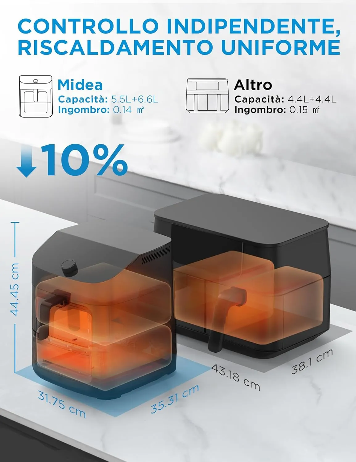 Midea Friggitrice ad Aria Verticale Doppia Zona 10 in 1, 11L, 2400W, MAF002S - immagine 2
