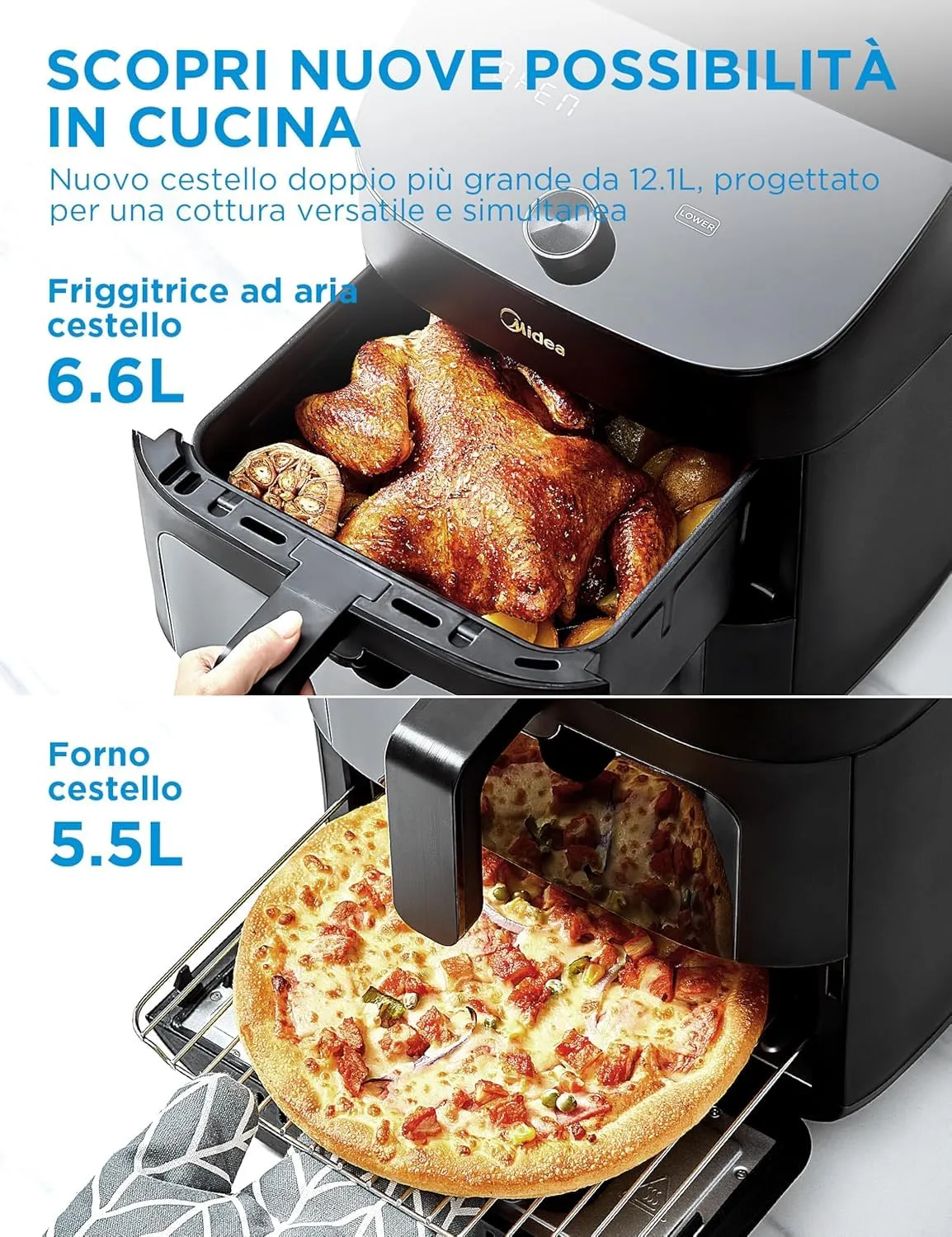 Midea Friggitrice ad Aria Verticale Doppia Zona 10 in 1, 11L, 2400W, MAF002S - immagine 3