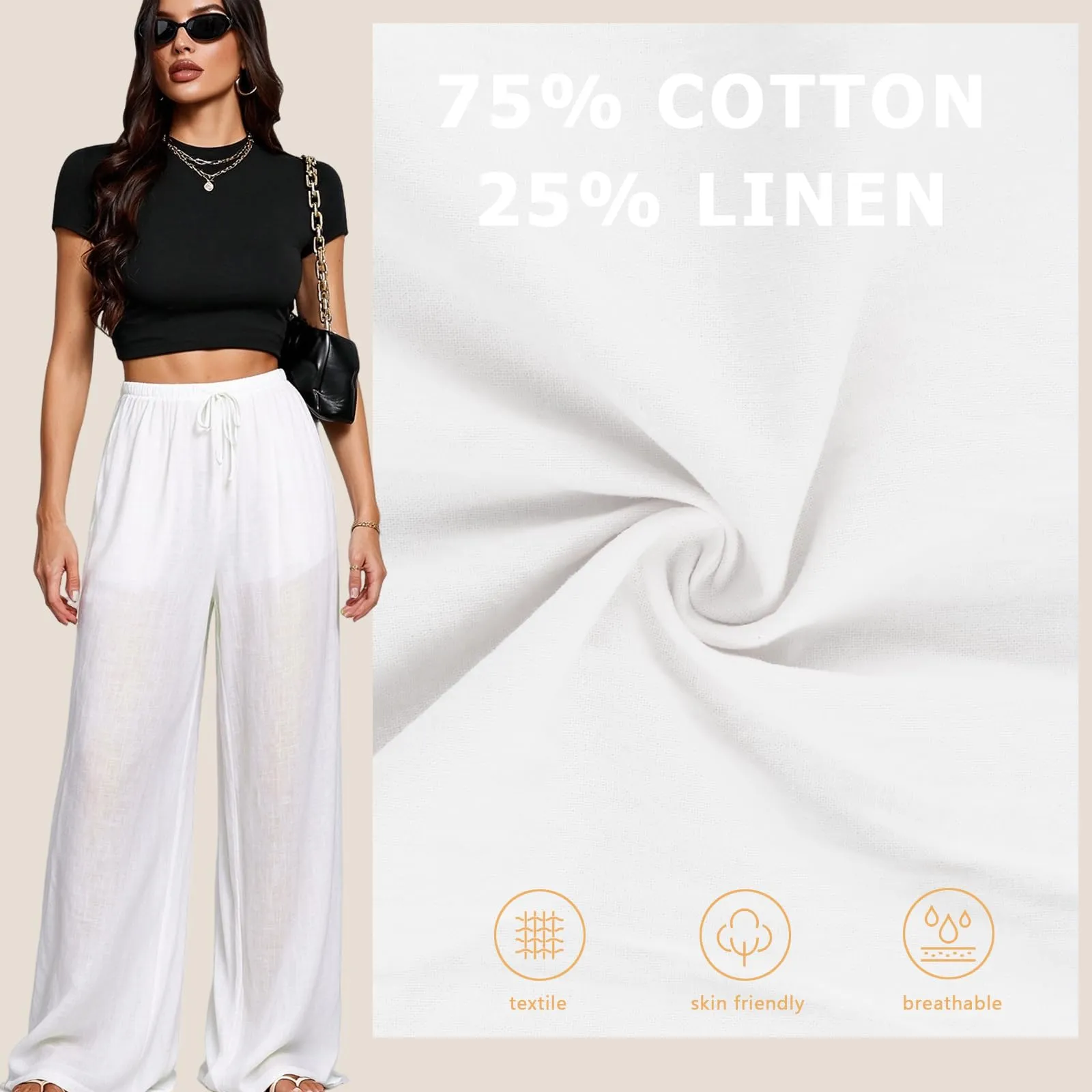 Neteson Pantaloni in Lino Donna a Gamba Larga con Vita Elastica - immagine 3