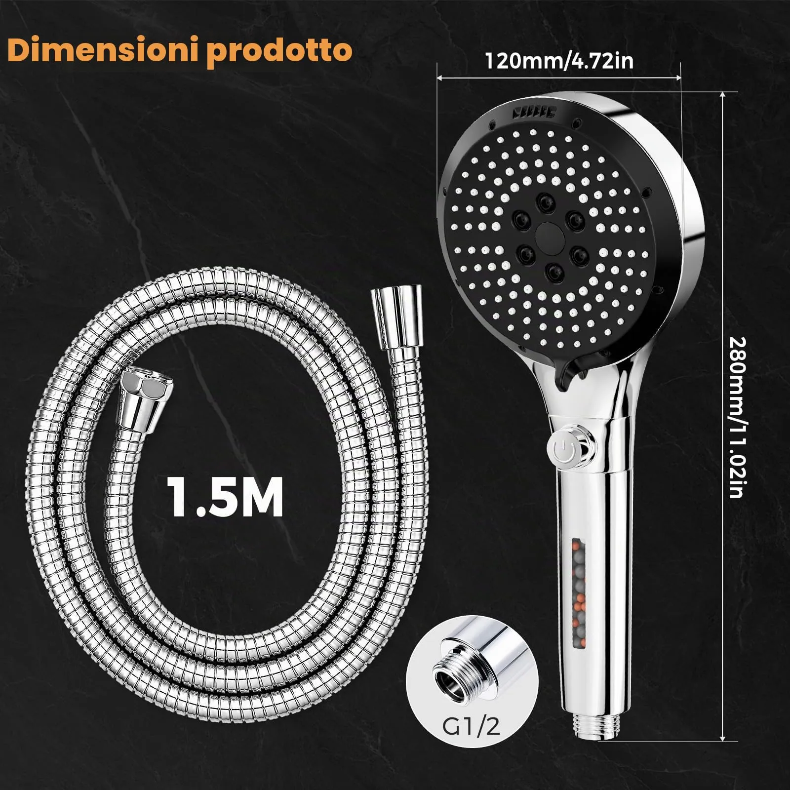Vinabo Soffione Doccia con Tubo 1,5 m, 6 Getti Anticalcare - immagine 7