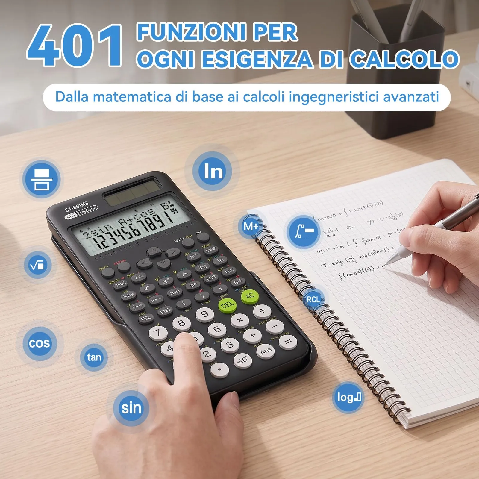 NEWYES AC0401 Calcolatrice scientifica con 401 funzioni, display LCD a 2 righe, nero - immagine 3