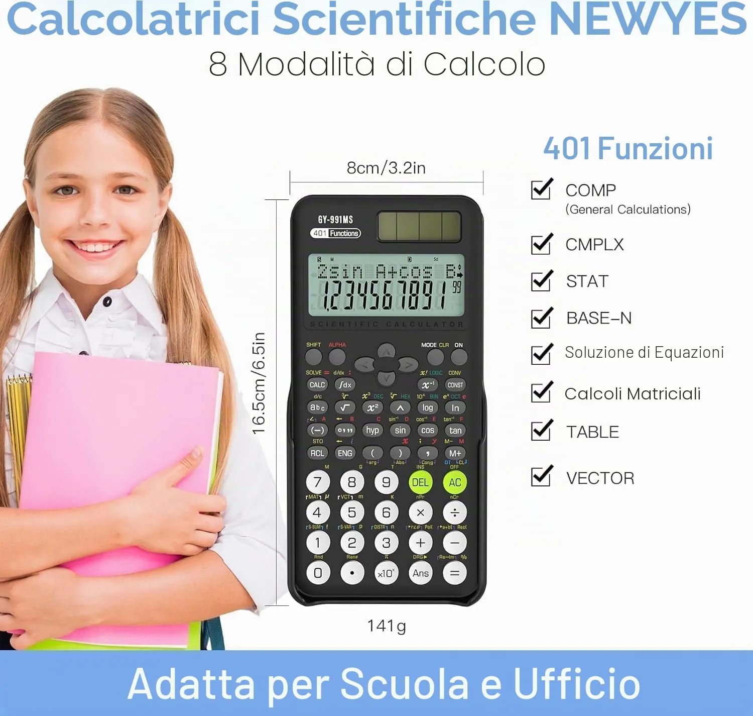 NEWYES AC0401 Calcolatrice scientifica con 401 funzioni, display LCD a 2 righe, nero - immagine 8
