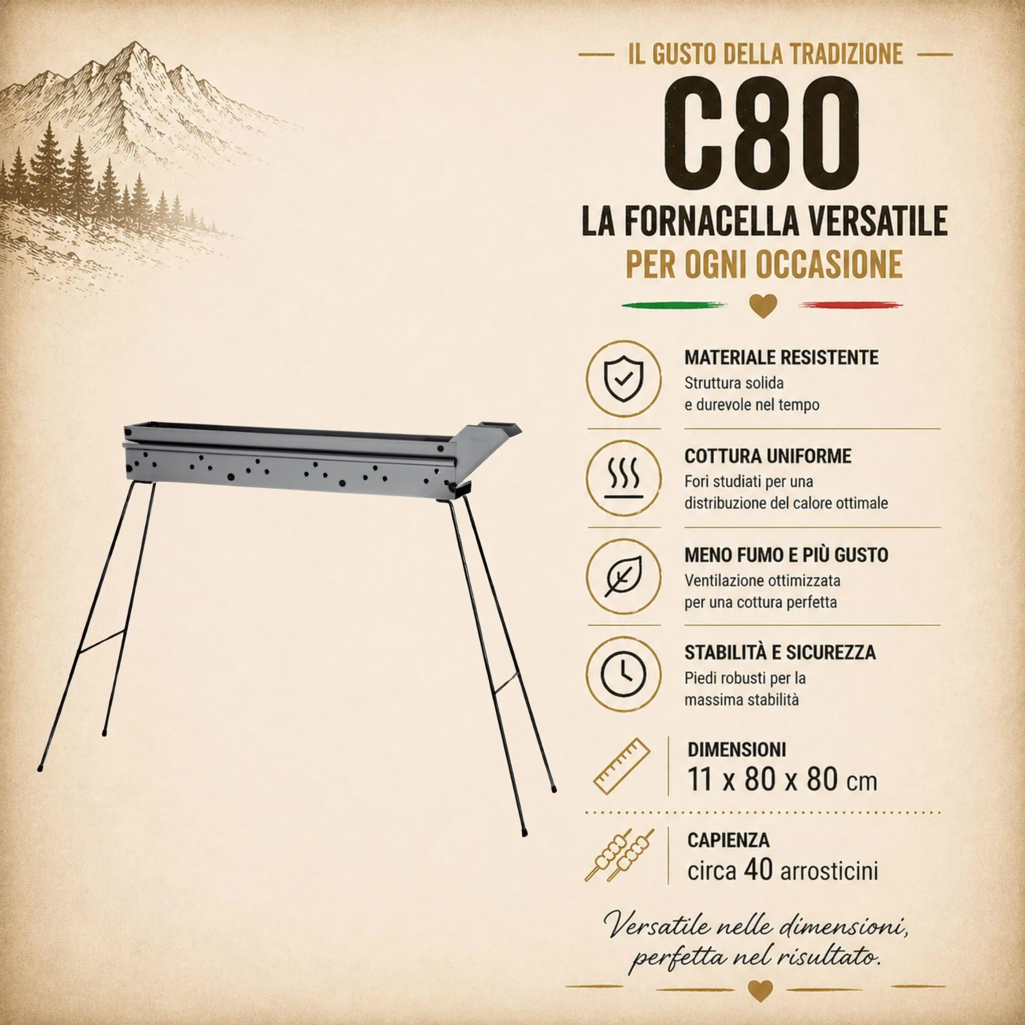 fbm2 SRLS Fornacella Arrosticini Abruzzesi C80 Charcoal Barbecue with Shovel and Poker - immagine 4