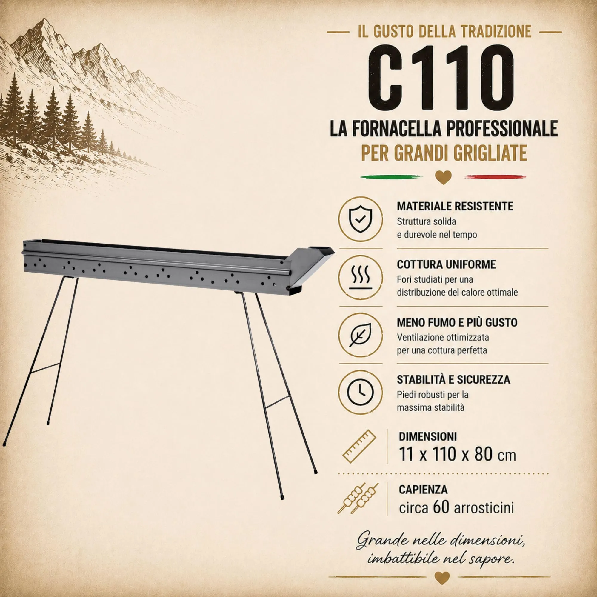 fbm2 SRLS Fornacella Arrosticini Abruzzesi C110 - Barbecue a Carbone in Ferro con Paletta e Attizzabrace - immagine 4