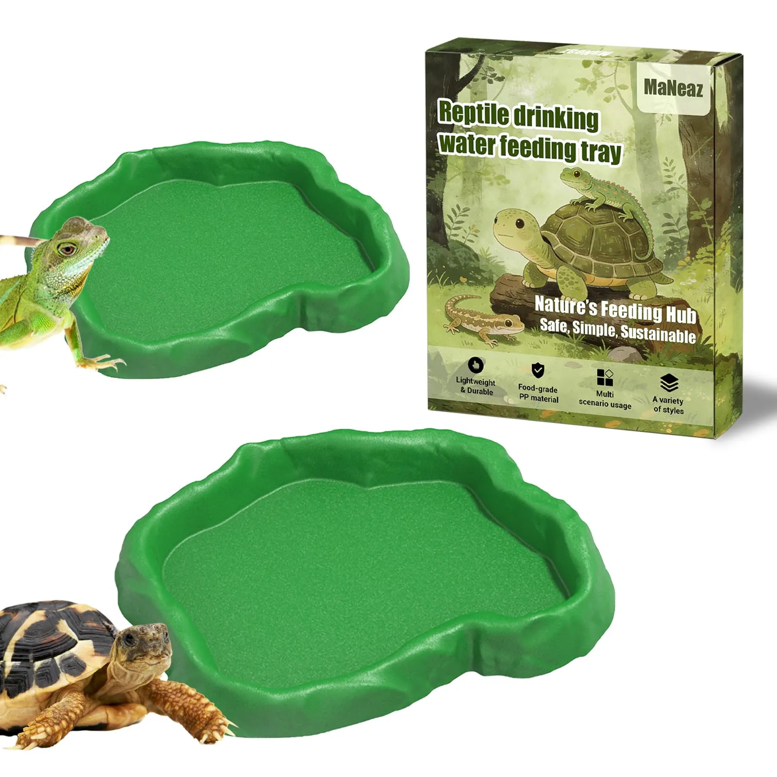 MaNeaz Ciotola per Tartarughe di Terra e Rettili, Abbeveratoio e Bacino Alimentare per Geco e Serpente, 2 Pezzi (Verde) - immagine 1