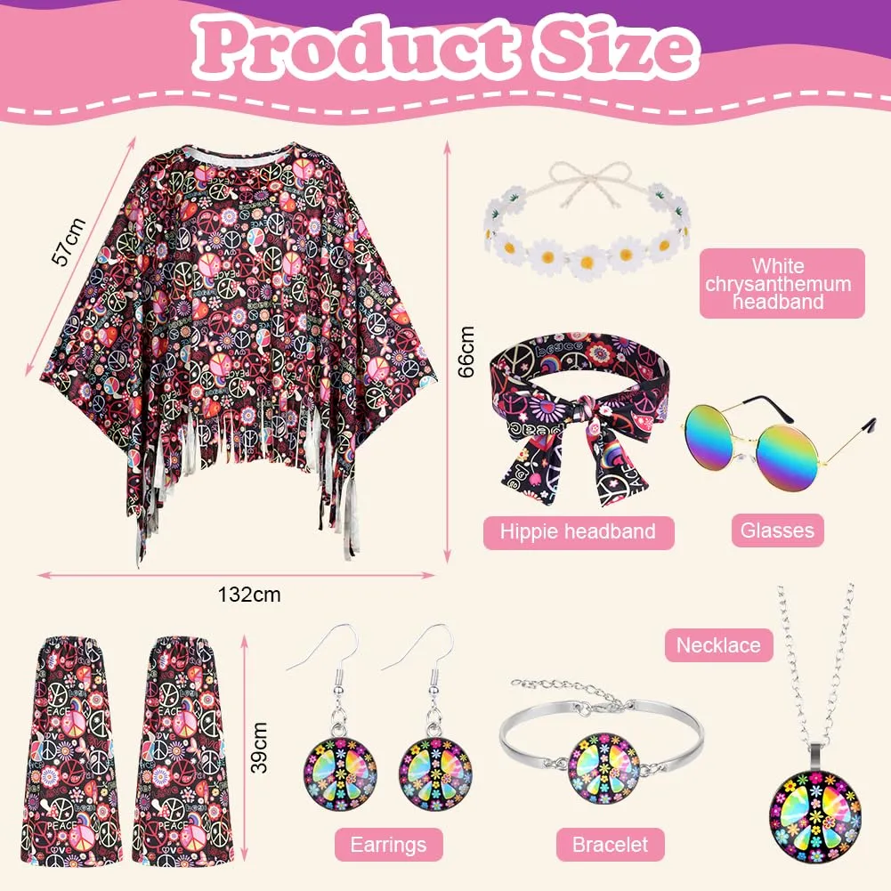 AOOWU Costume Hippie Donna, Set Accessori Stile Vintage Anni 70, 10 Pezzi - immagine 2