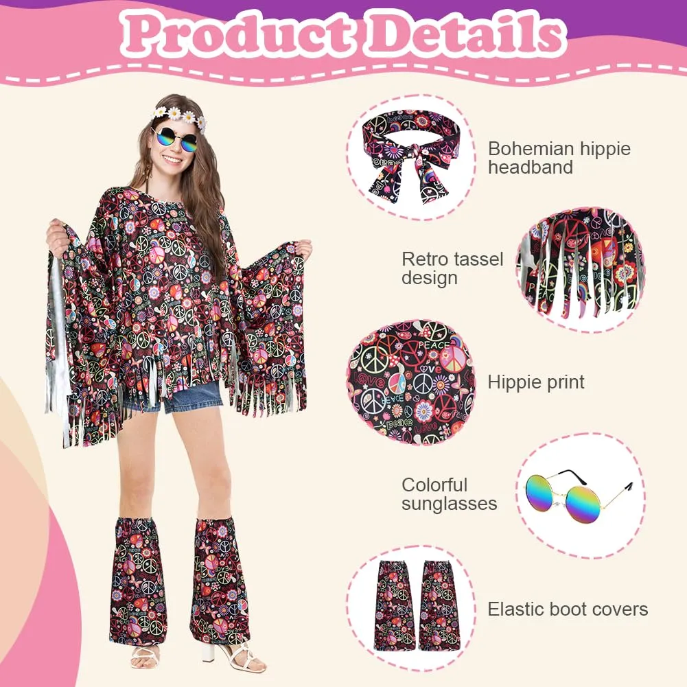 AOOWU Costume Hippie Donna, Set Accessori Stile Vintage Anni 70, 10 Pezzi - immagine 3