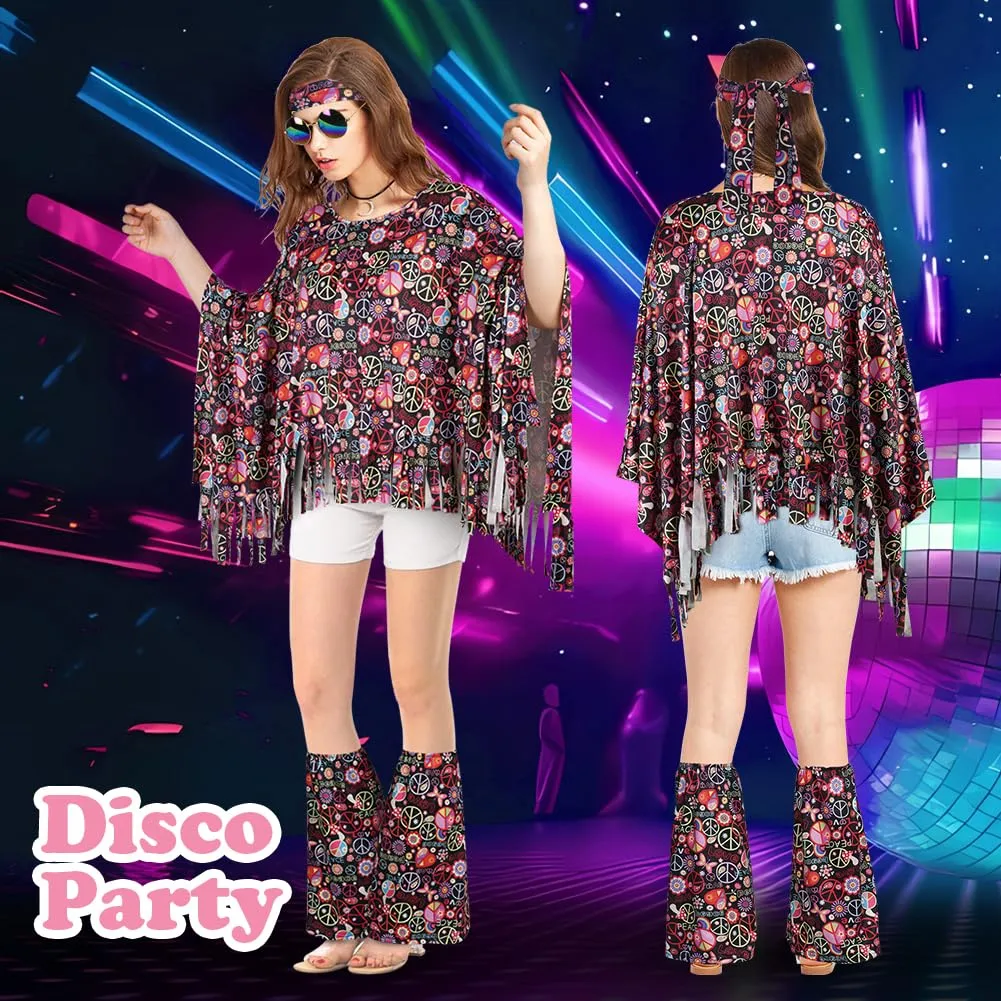 AOOWU Costume Hippie Donna, Set Accessori Stile Vintage Anni 70, 10 Pezzi - immagine 6
