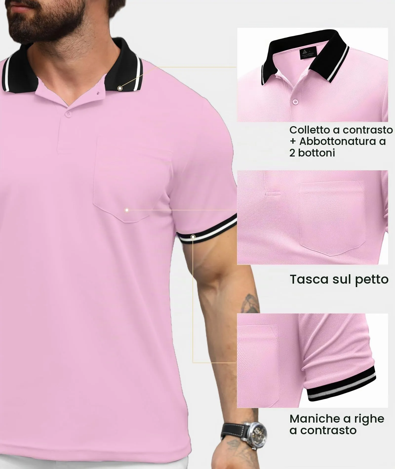 ZITY Polo Uomo Manica Corta Traspirante Rosa L - immagine 4