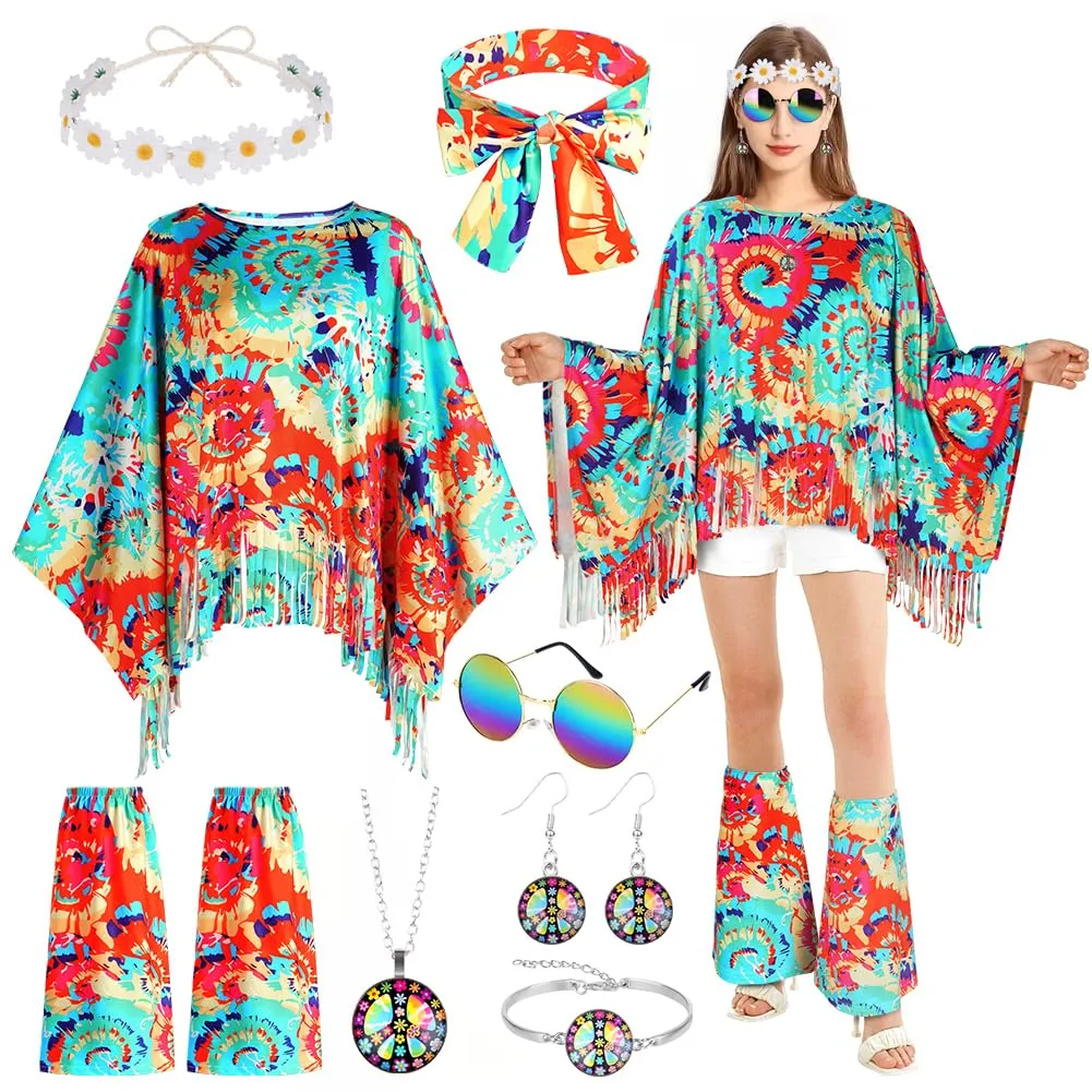 AOOWU Costume Hippie Donna, Set Accessori Stile Vintage Anni 70, 10 Pezzi - immagine 1