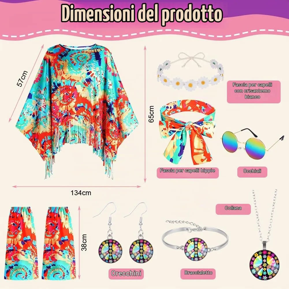 AOOWU Costume Hippie Donna, Set Accessori Stile Vintage Anni 70, 10 Pezzi - immagine 2