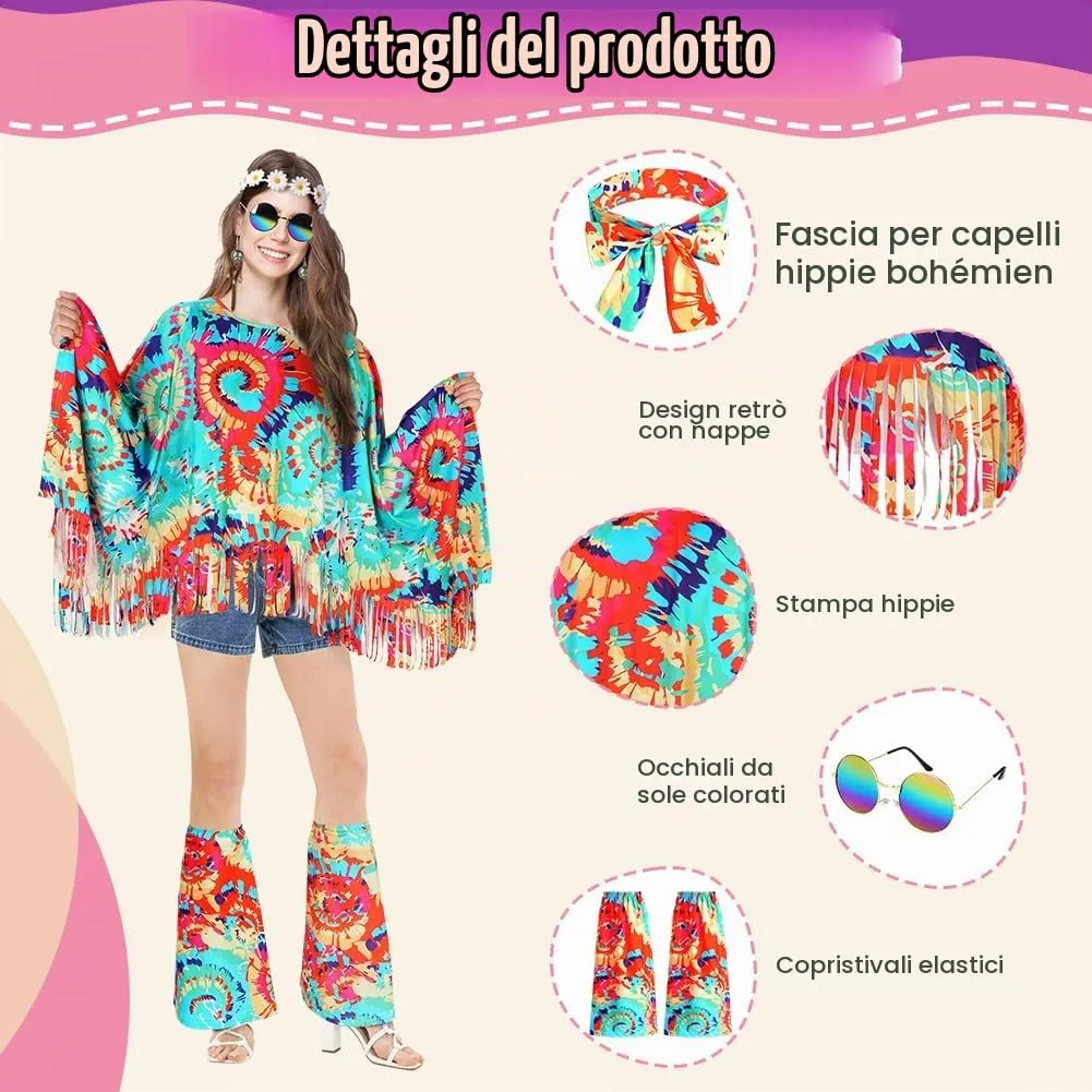 AOOWU Costume Hippie Donna, Set Accessori Stile Vintage Anni 70, 10 Pezzi - immagine 3