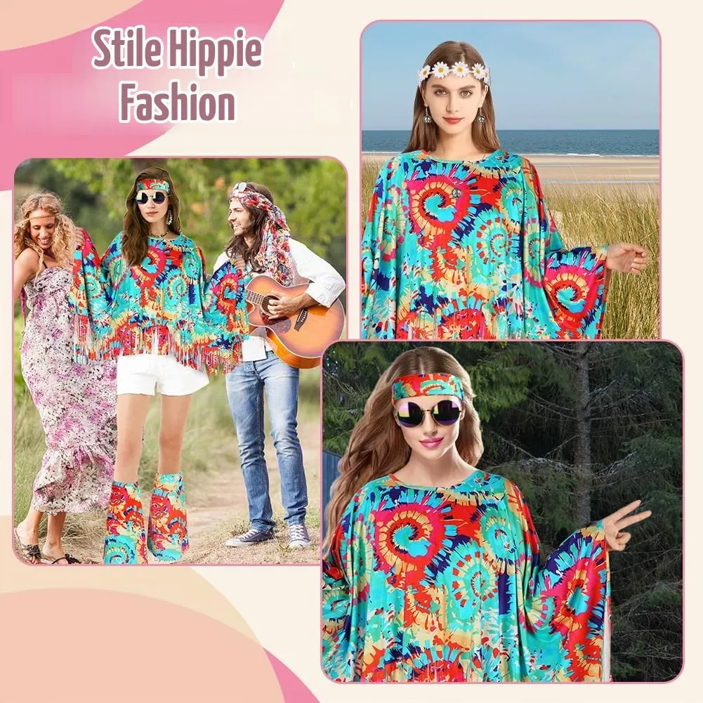 AOOWU Costume Hippie Donna, Set Accessori Stile Vintage Anni 70, 10 Pezzi - immagine 7