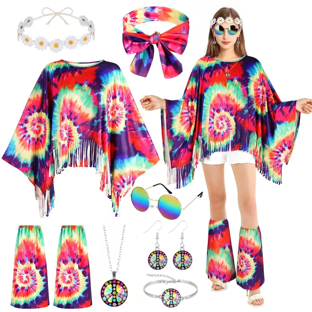 AOOWU Costume Hippie Donna, Set 10 Pezzi Accessori Stile Vintage Anni 70 - immagine 1