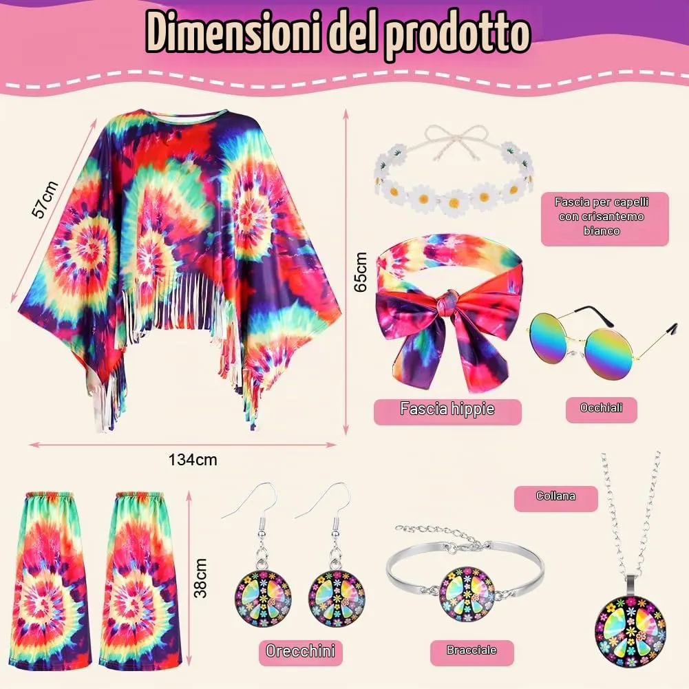 AOOWU Costume Hippie Donna, Set 10 Pezzi Accessori Stile Vintage Anni 70 - immagine 2