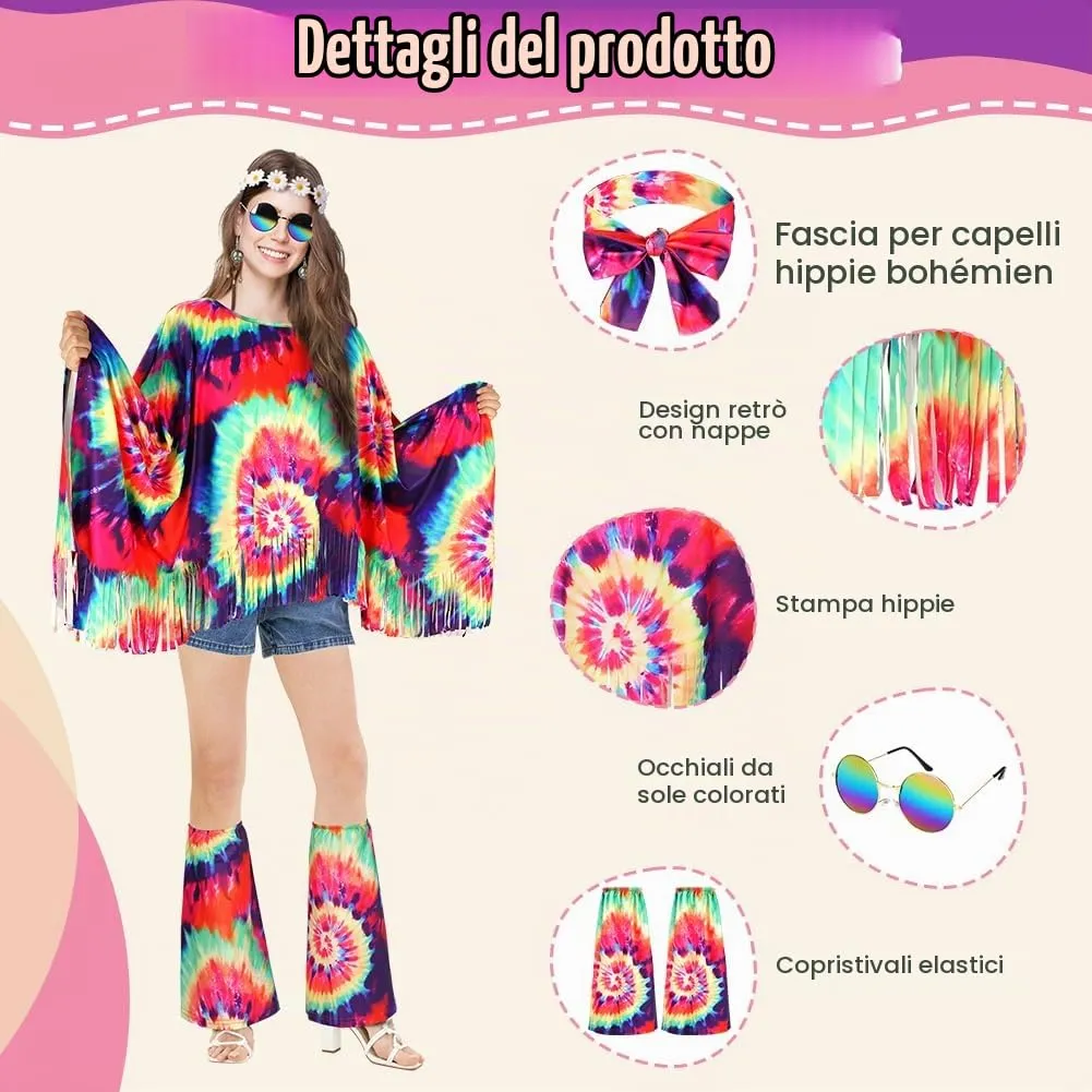 AOOWU Costume Hippie Donna, Set 10 Pezzi Accessori Stile Vintage Anni 70 - immagine 3