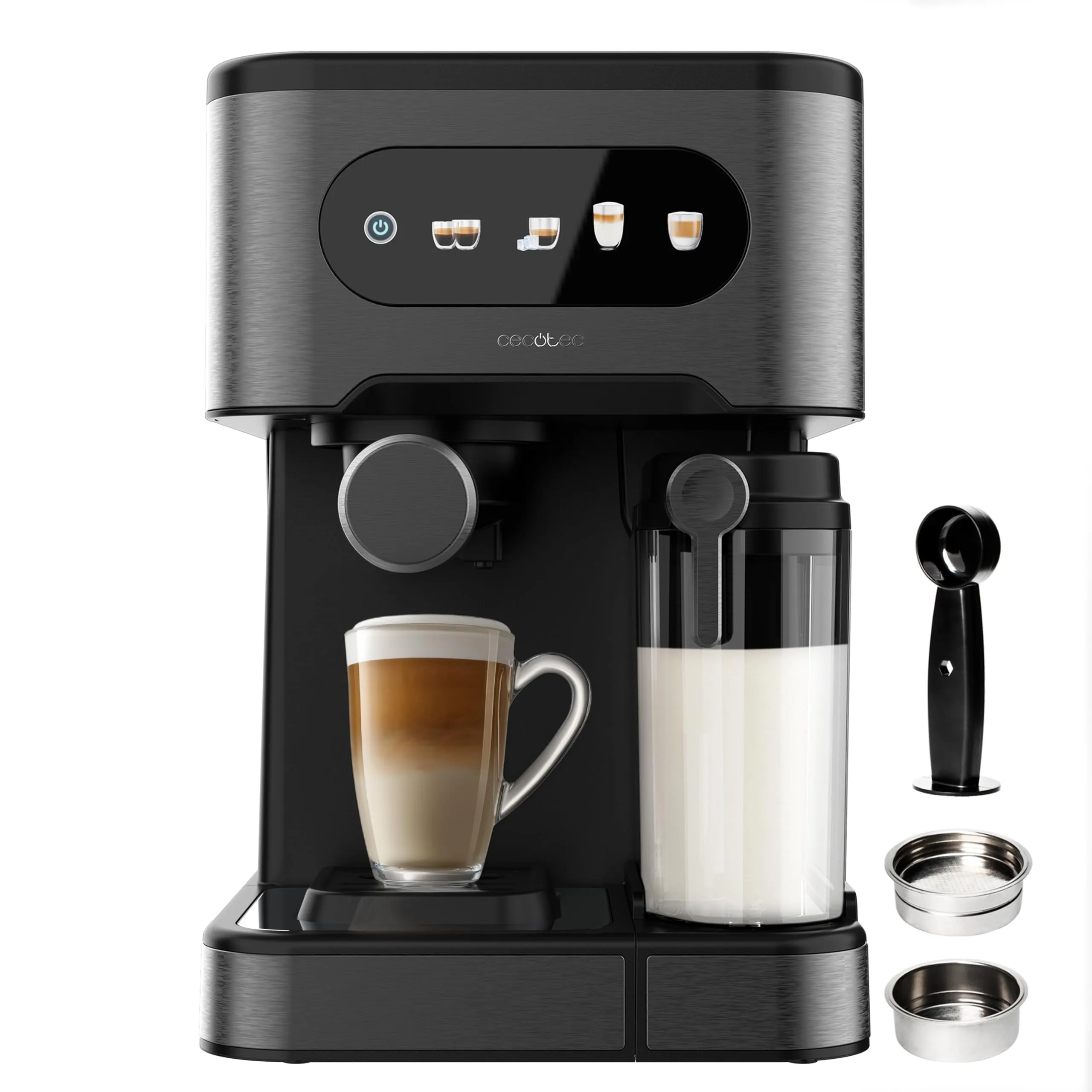 Cecotec Power Espresso 20 ColdBrew Latte+, Macchina Caffè Espresso, 1350W, 20Bar, Schermo Touch Color, Serbatoio Acqua 1.5L, Serbatoio Latte 500ml, Acciaio Scuro, Scaldatazze, Doppio Braccio - immagine 1