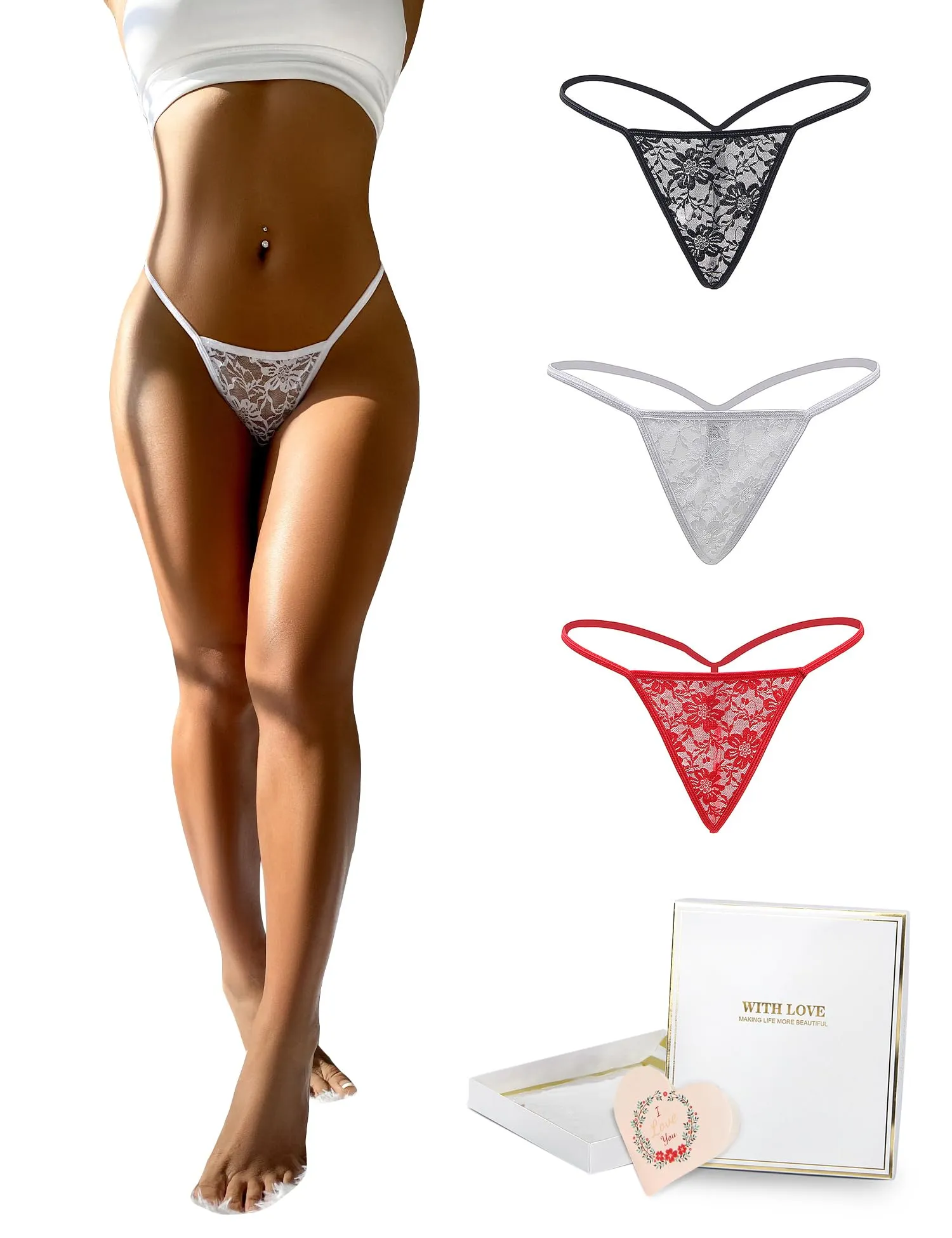 sunshinelady Perizoma in Pizzo Donna Taglie Forti, Tanga Slip Brasiliana Traspirante, XL, Nero Bianco Rosso - immagine 2