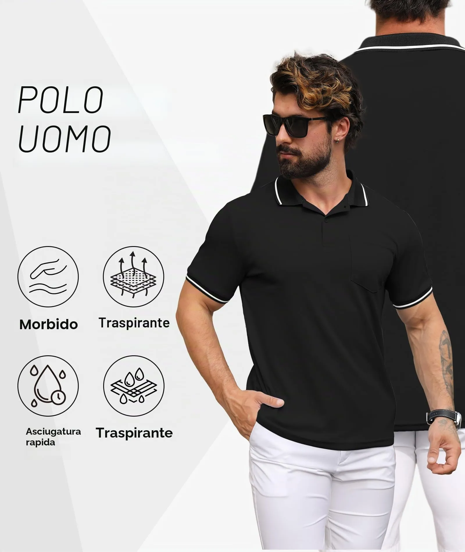 ZITY Polo Uomo Manica Corta Traspirante Nero M - immagine 3
