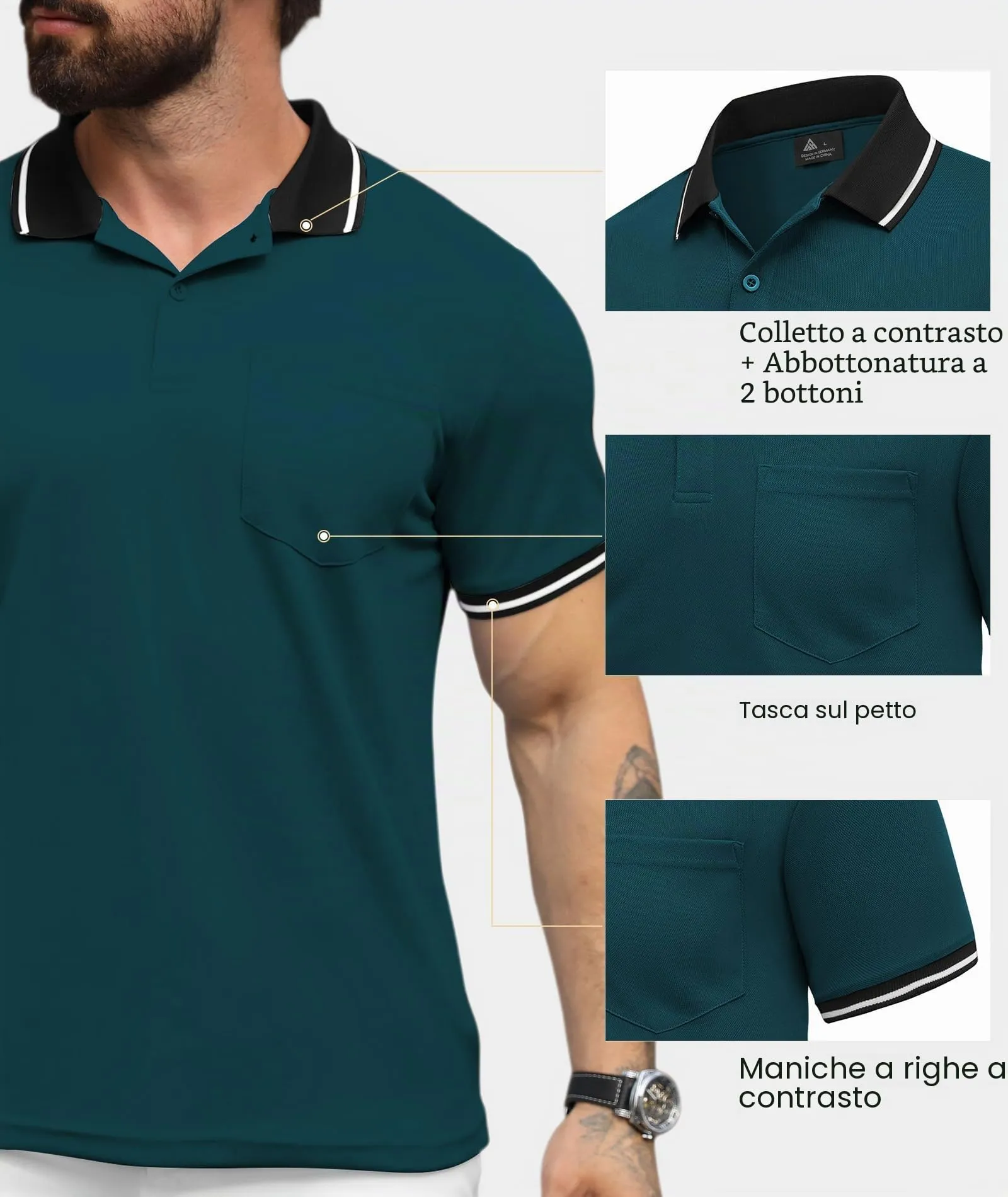 ZITY Polo Uomo Manica Corta Traspirante Verde Petrolio XXL - immagine 4