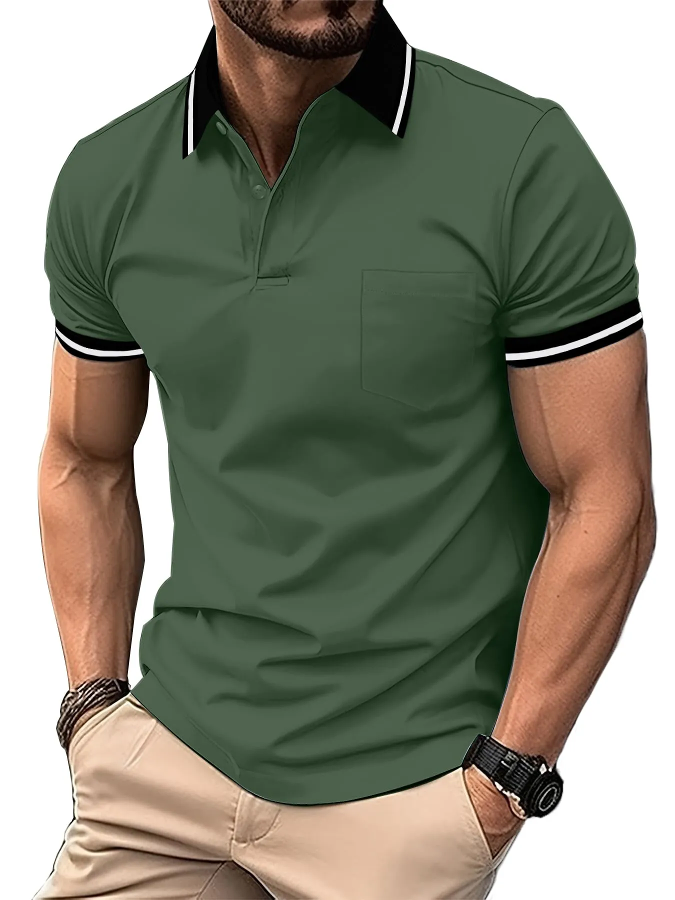 ZITY Polo Uomo Manica Corta Traspirante Verde Militare XL - immagine 1