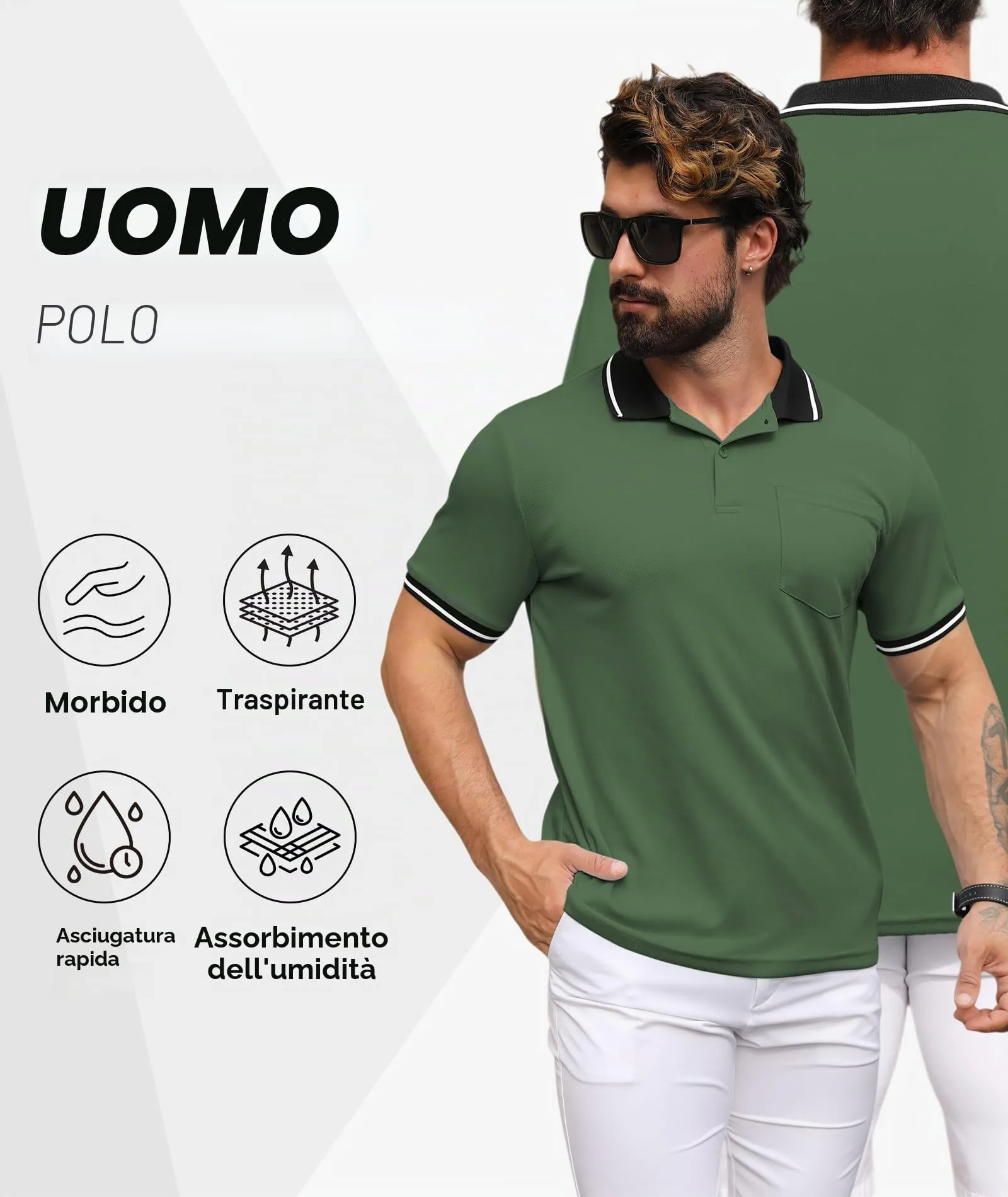 ZITY Polo Uomo Manica Corta Traspirante Verde Militare XL - immagine 3